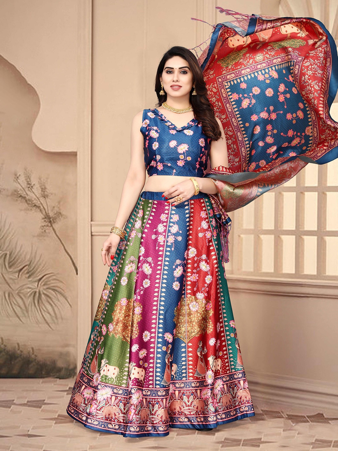 

Kaizen TEXO FAB Printed Semi-Stitched Lehenga & Unstitched Blouse With Dupatta, Blue