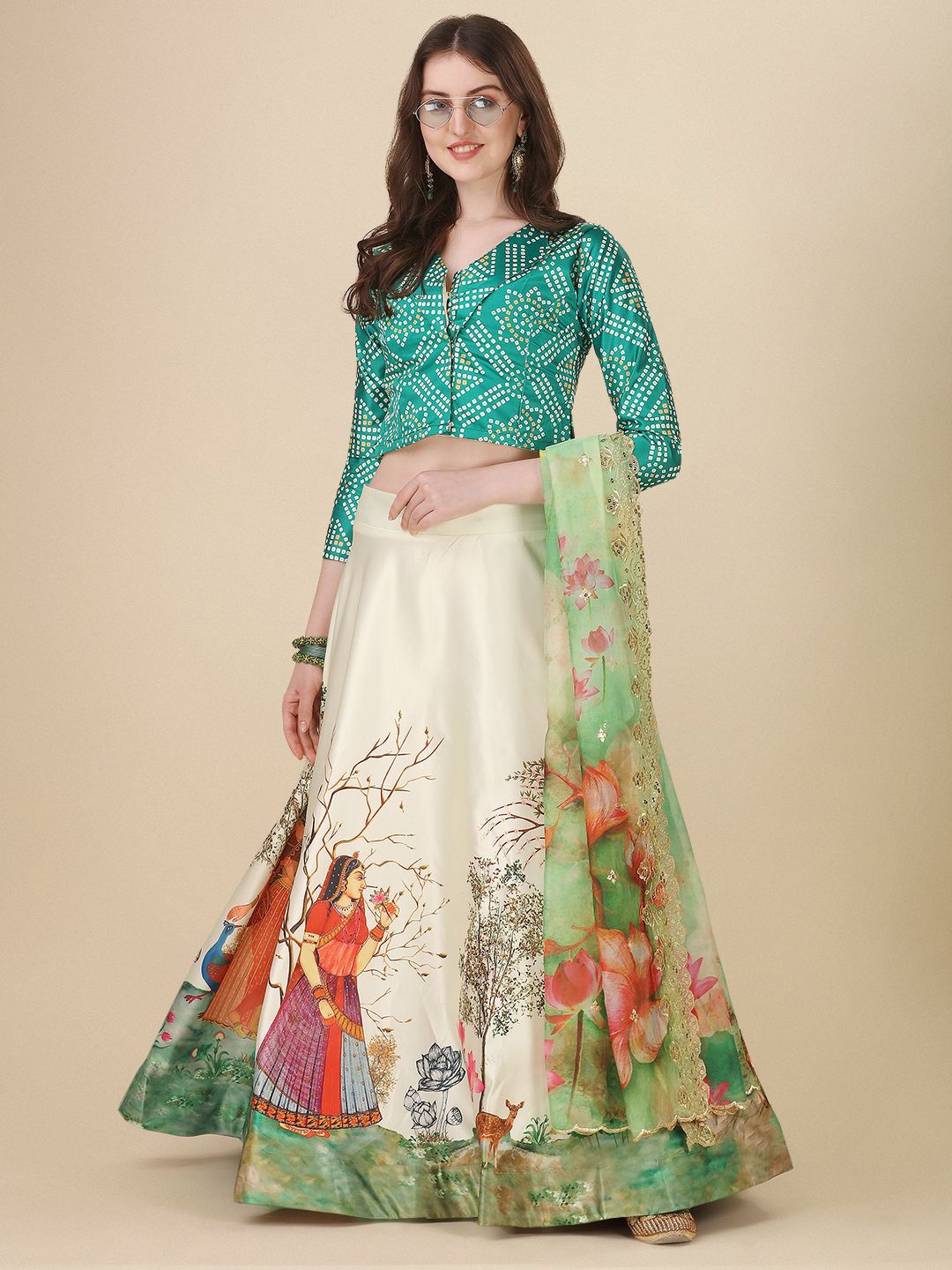

Kaizen TEXO FAB Bandhani Printed Semi-Stitched Lehenga & Unstitched Blouse With Dupatta, Green