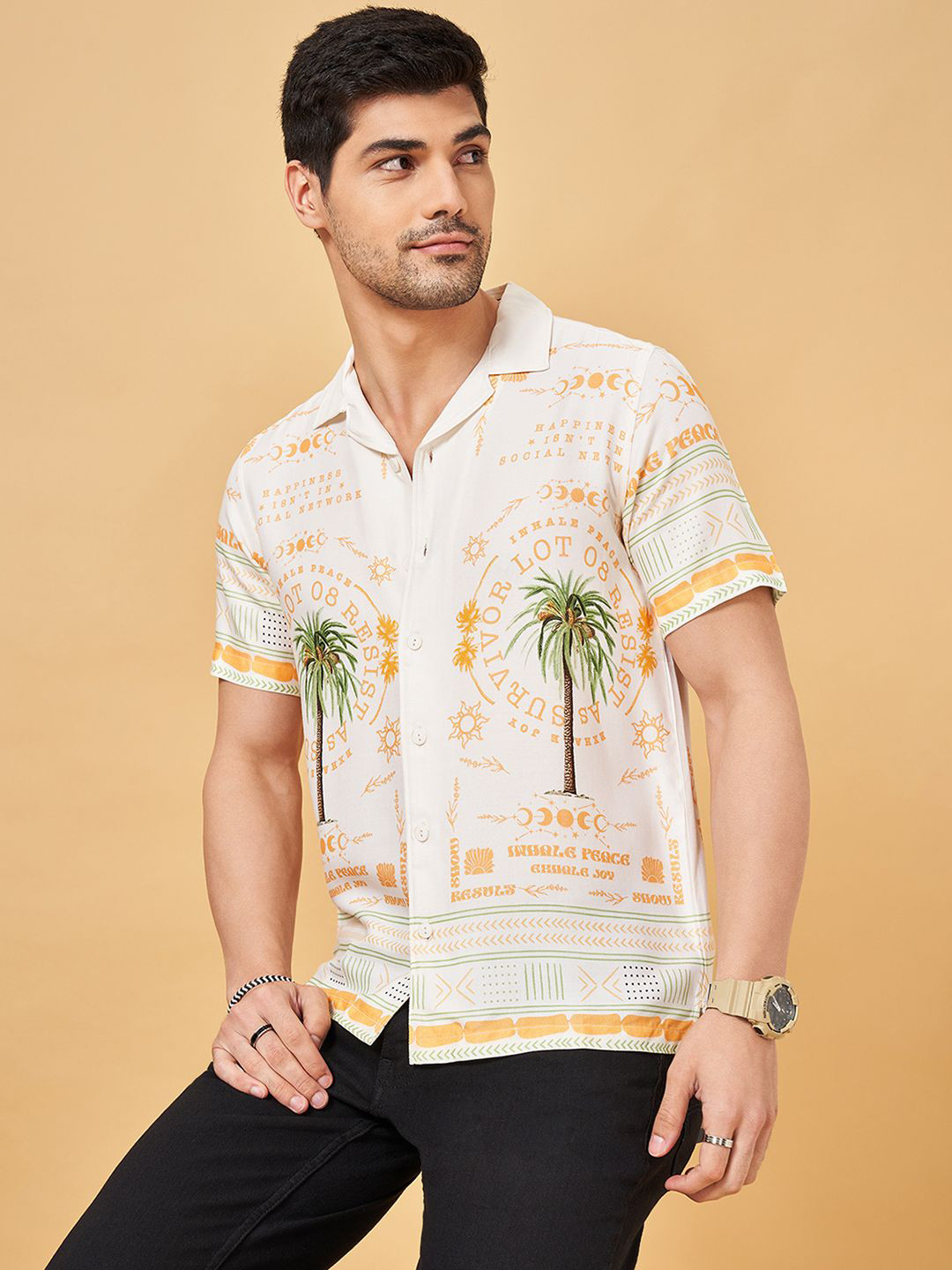 

People Men Cuban Collar Typography Printed Slim Fit Casual Shirt, Off white
