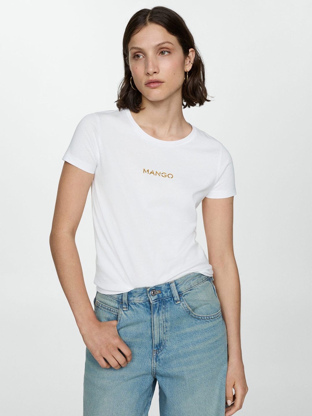 

MANGO Women Brand Logo Printed Pure Cotton T-shirt, White