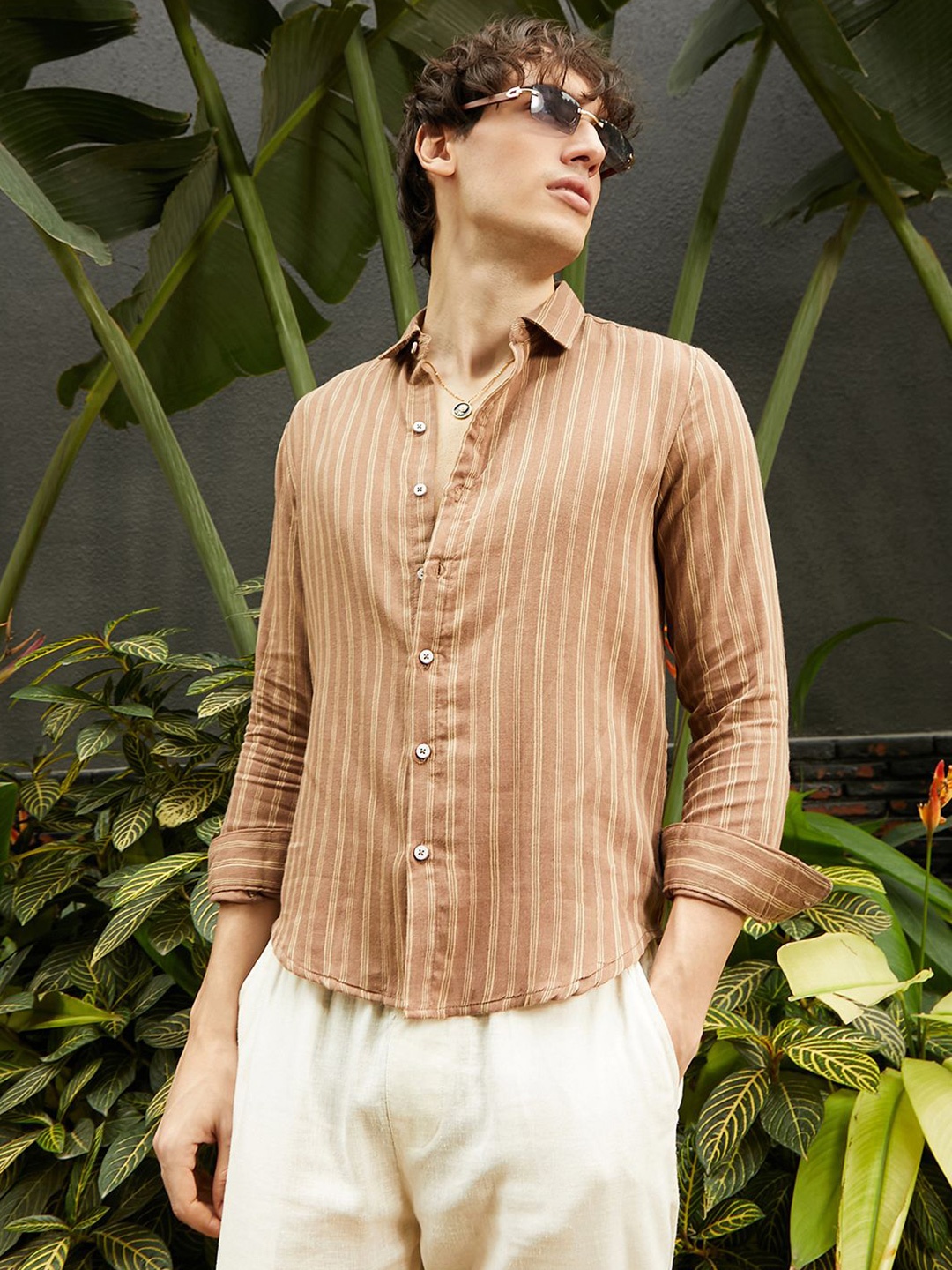 

Campus Sutra Men Comfort Spread Collar Striped Polycotton Casual Shirt, Brown