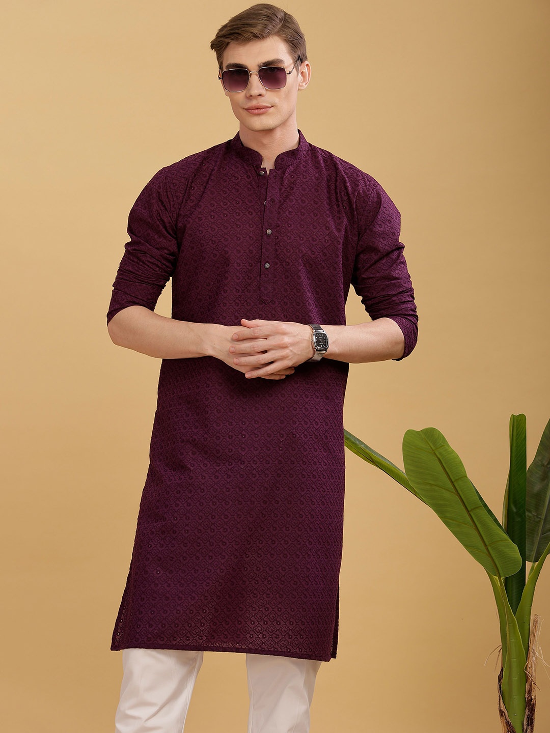 

Anouk Purple Floral Lucknowi Embroidered Thread Work Pure Cotton Straight Kurta
