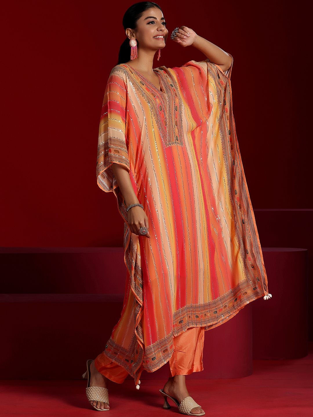 

Libas Art Striped Embroidered V-Neck Sequinned Kaftan With Trousers & Inner, Orange