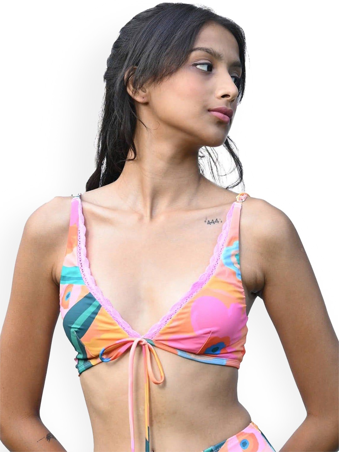

TFW Printed Bikini Bra With Crochet Lace Trim, Pink