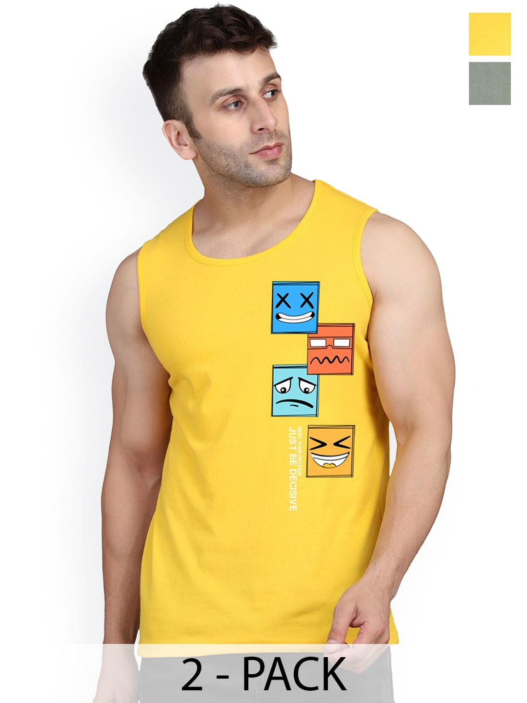 

SLOWLORIS Pack Of 2 Printed Cotton Gym Vests, Green