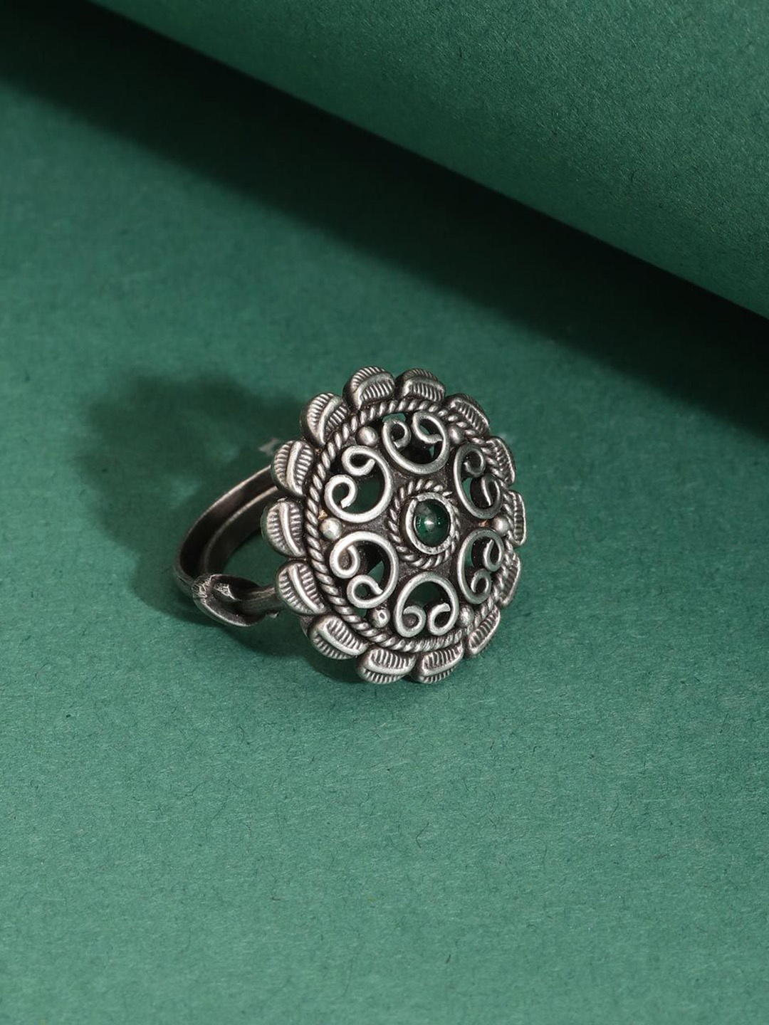 

Fabindia Silver-Plated Stone Studded Leaf Shaped Adjustable Cocktail Ring