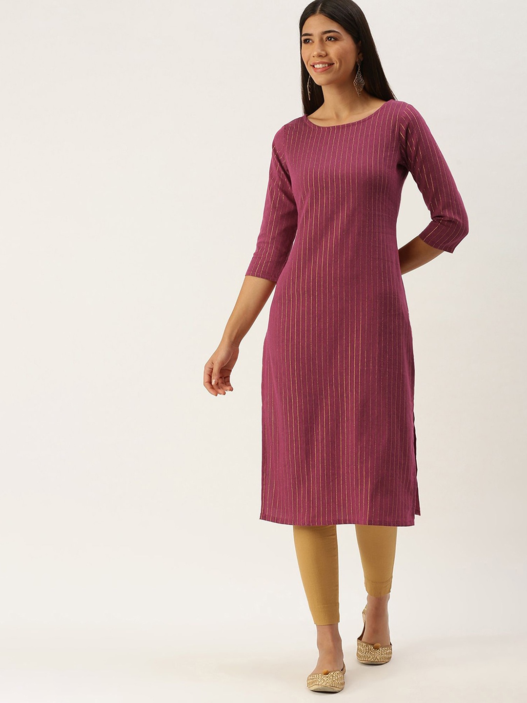 

KALINI Striped Round Neck Cotton Straight Kurta, Pink