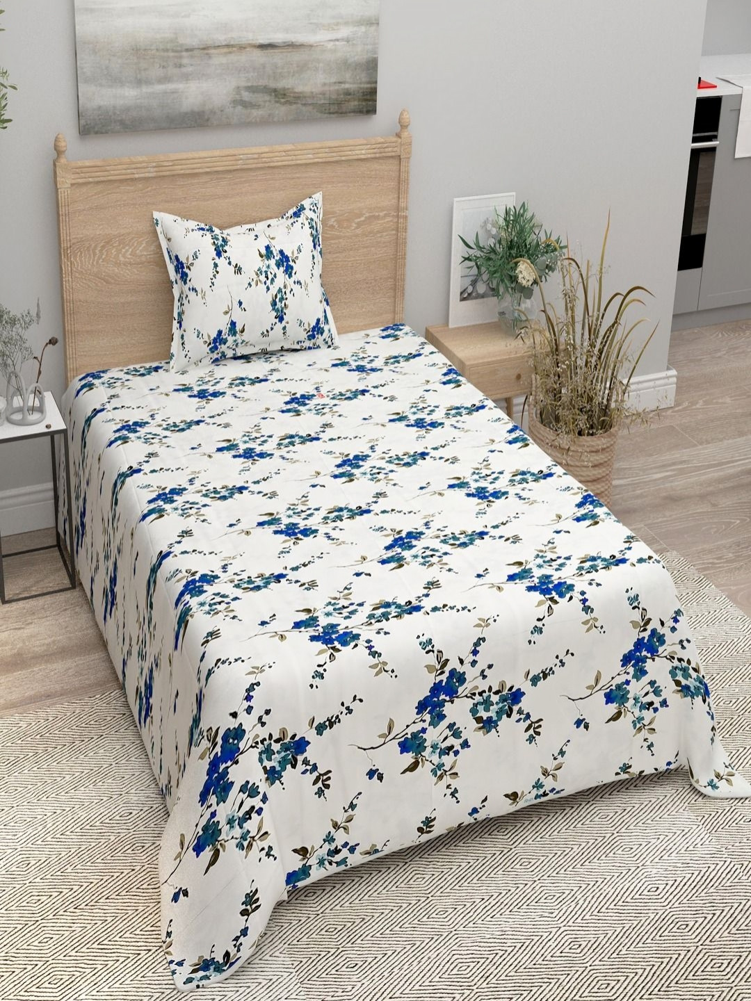

Bombay Spreads White & Blue Floral 144 TC Pure Cotton Single Bedsheet with 1 Pillow Cover