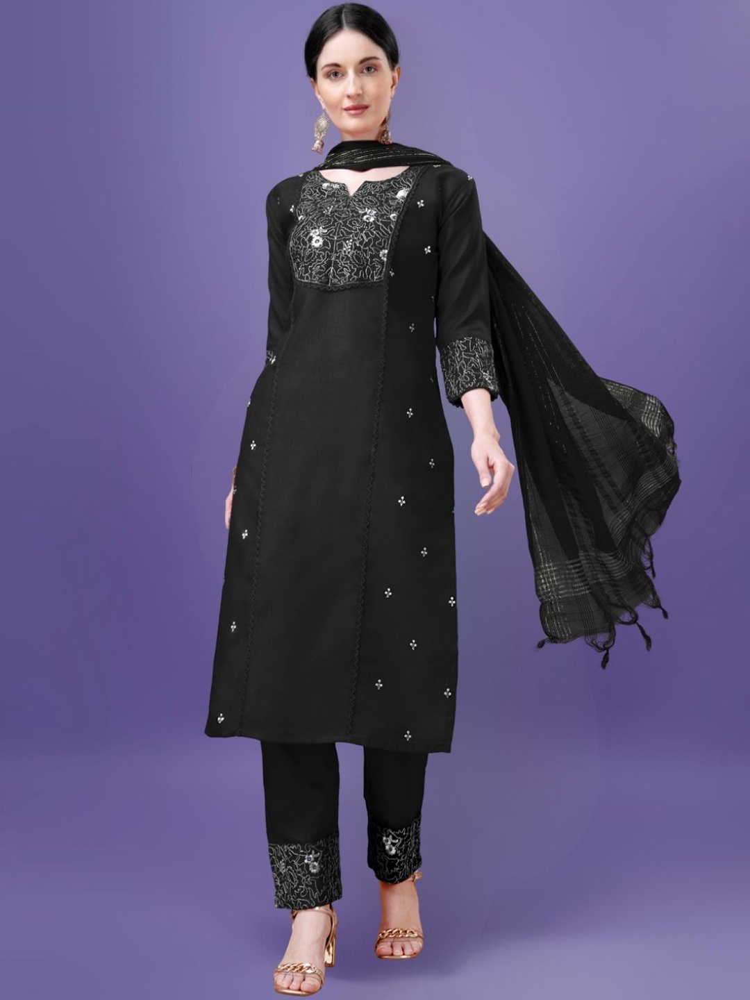 

KAZIA Floral Embroidered Notch Neck Straight Kurta with Trousers & Dupatta, Black