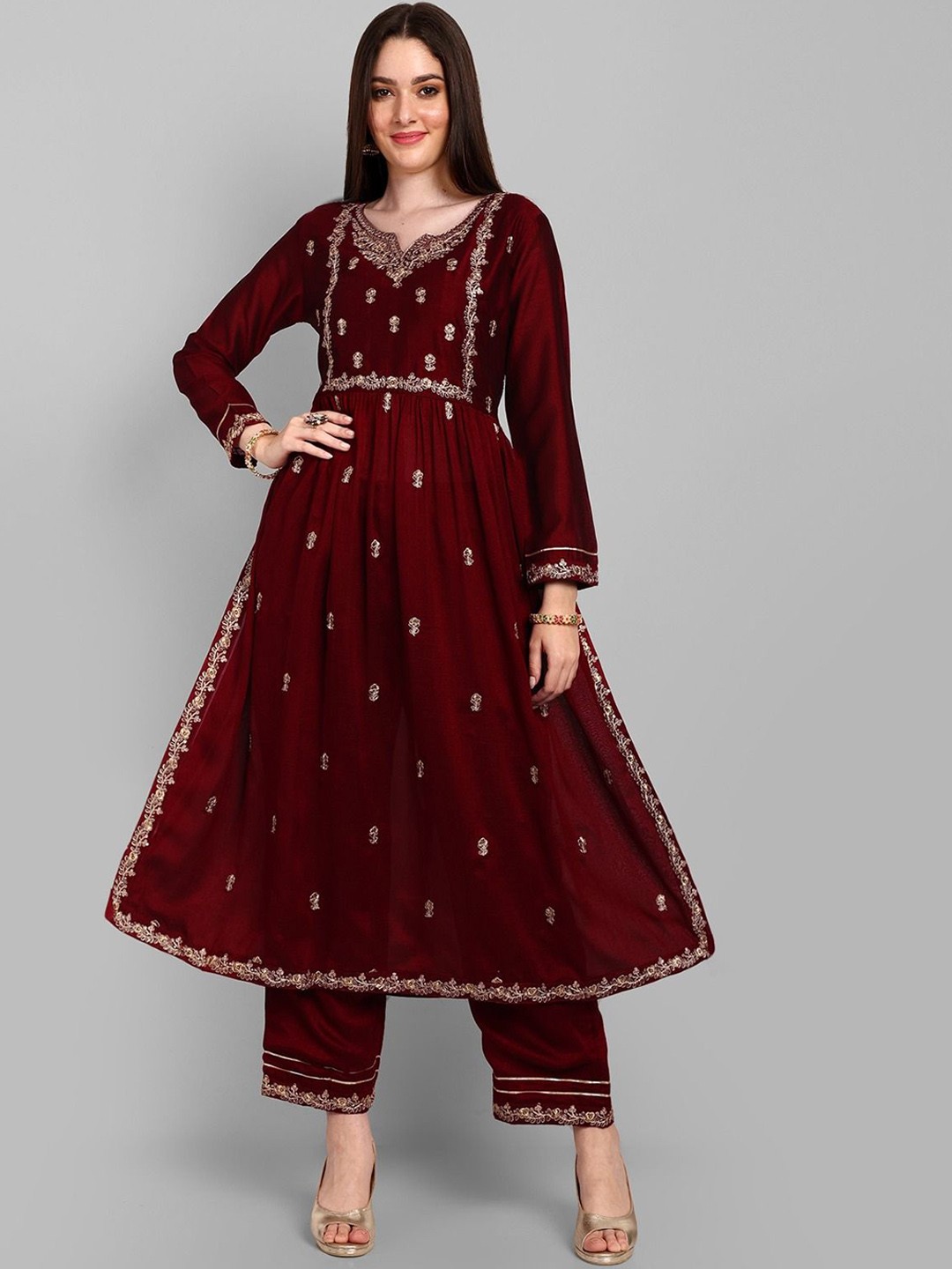 

KALINI Embroidered Notch Neck Thread Work Chanderi Silk A-Line Pleated Kurta With Trousers, Maroon