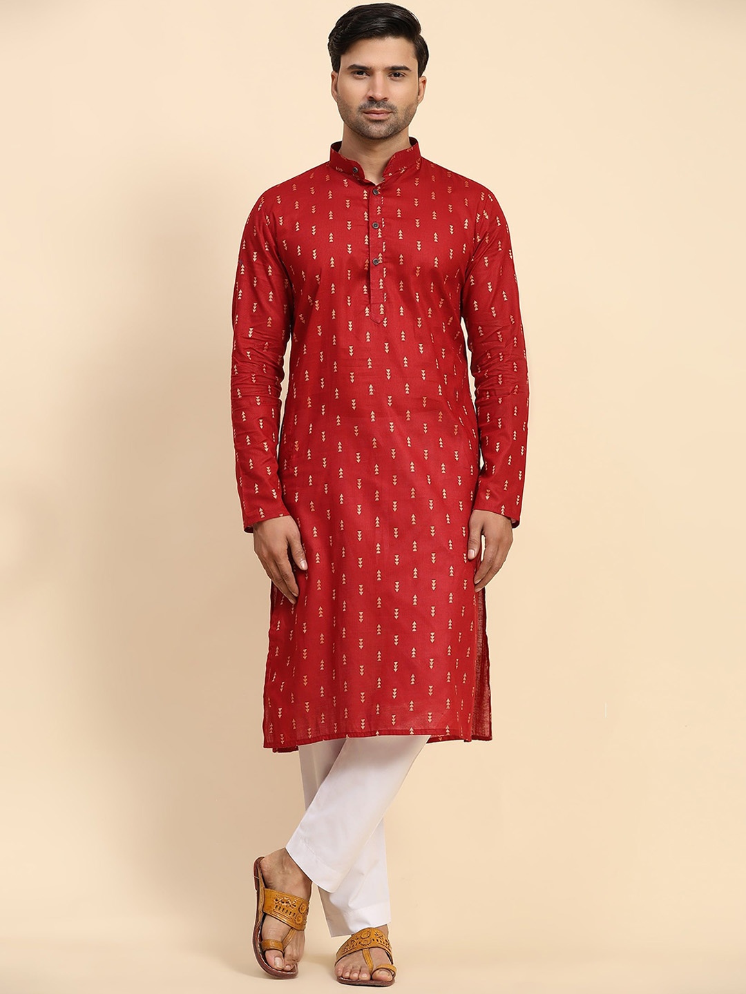 

Rawayi Geometric Printed Band Collar Pure Cotton Straight Kurta, Red