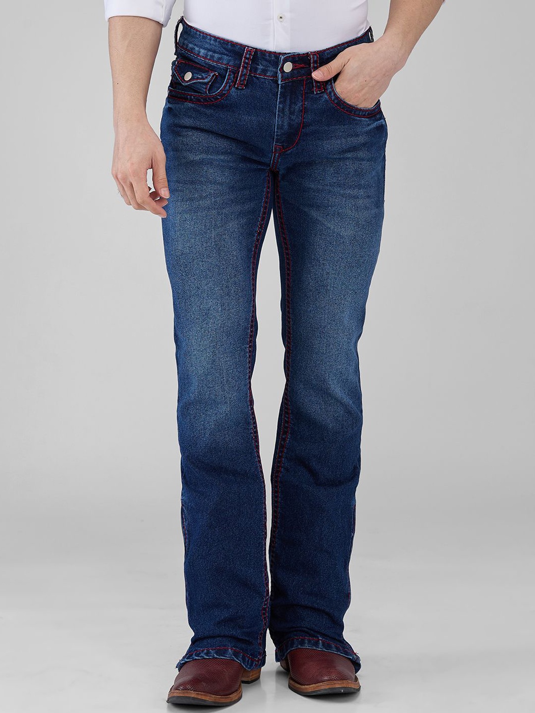 

mode de base Men Bootcut Mid Rise Cotton Light Fade Stretchable Jeans, Blue