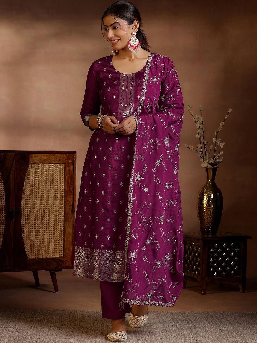 

Libas Ethnic Motifs Kurta with Trousers & Dupatta, Maroon