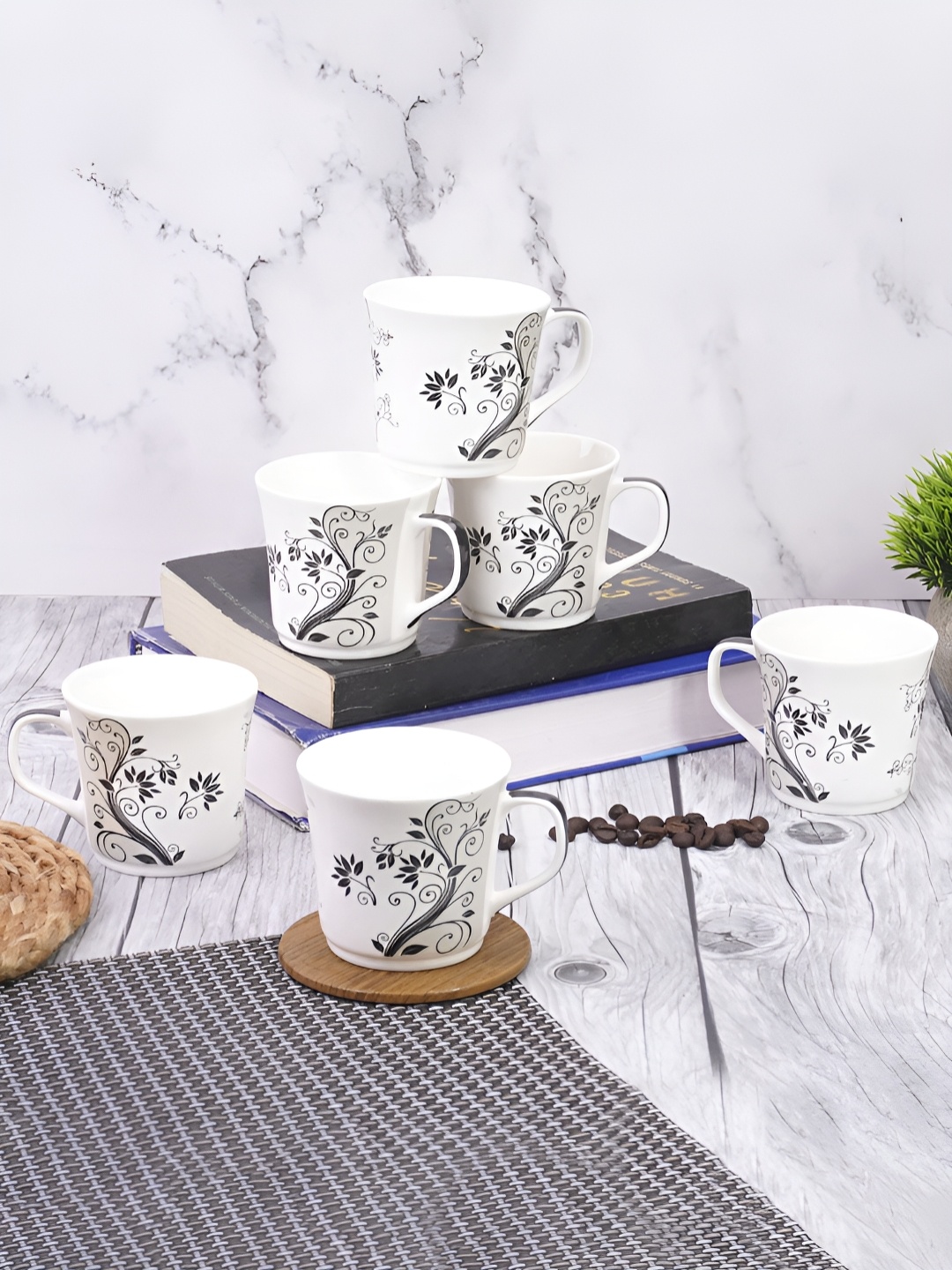 

UPC White & Black 6 Pieces Printed Ceramic Glossy Cups 220 ml
