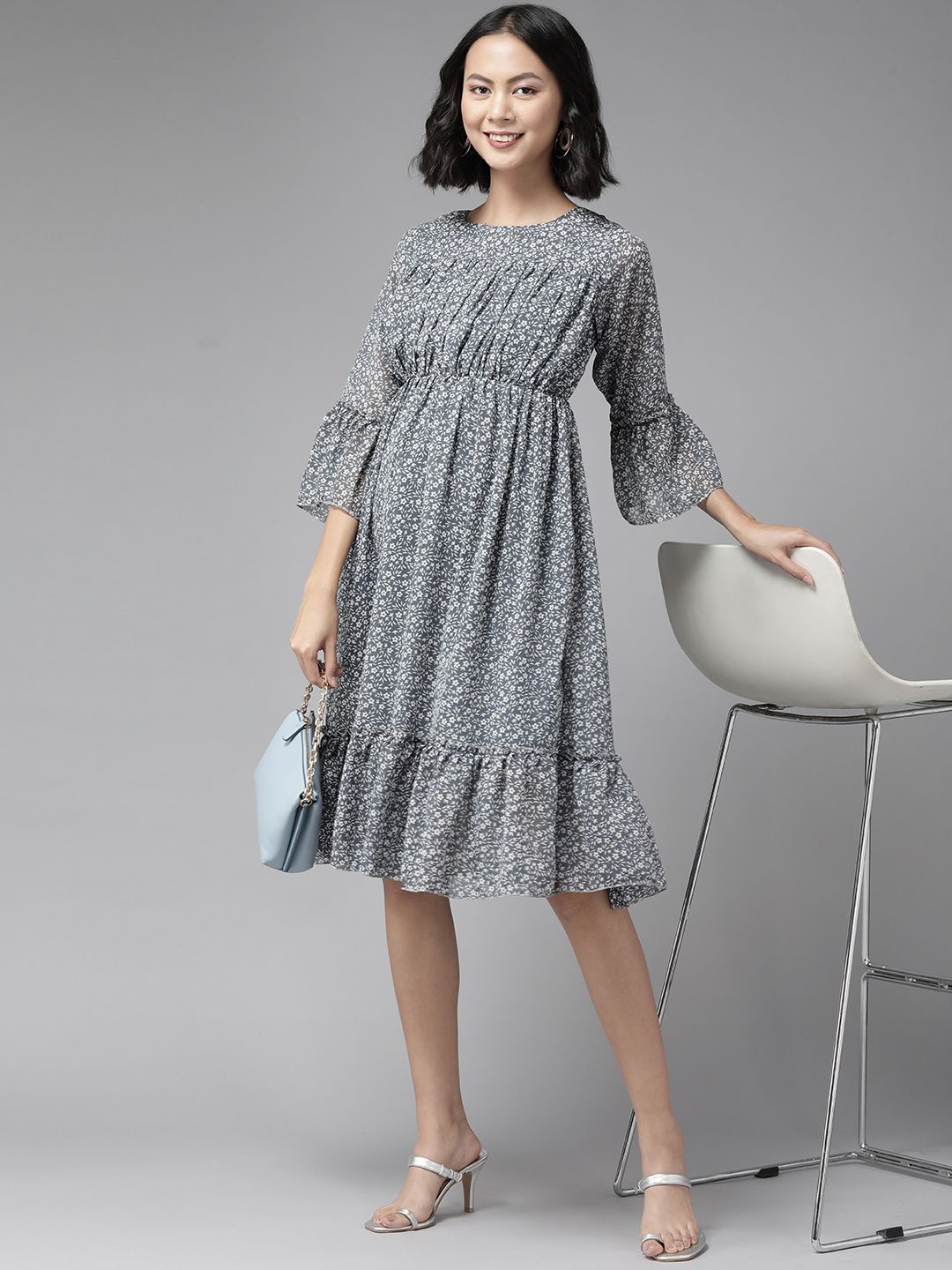 

BAESD Floral Printed Bell Sleeve Georgette Fit and Flare Dress, Grey