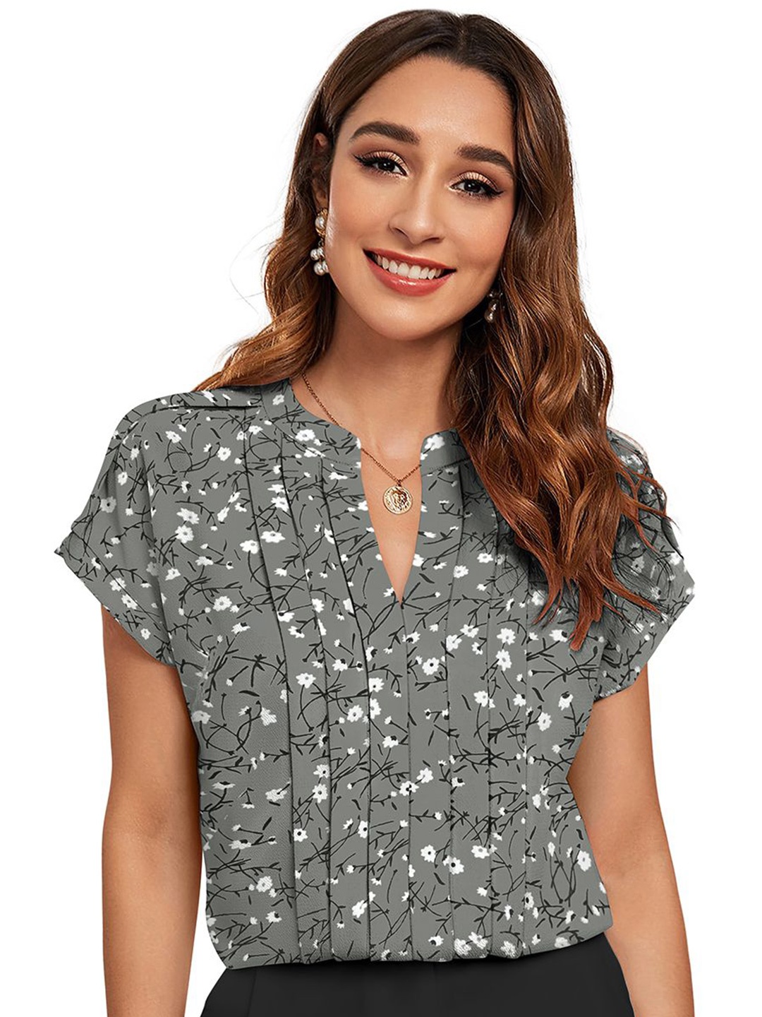 

SANJANA SILK Women Floral Printed Mandarin Collar Cotton Top, Grey