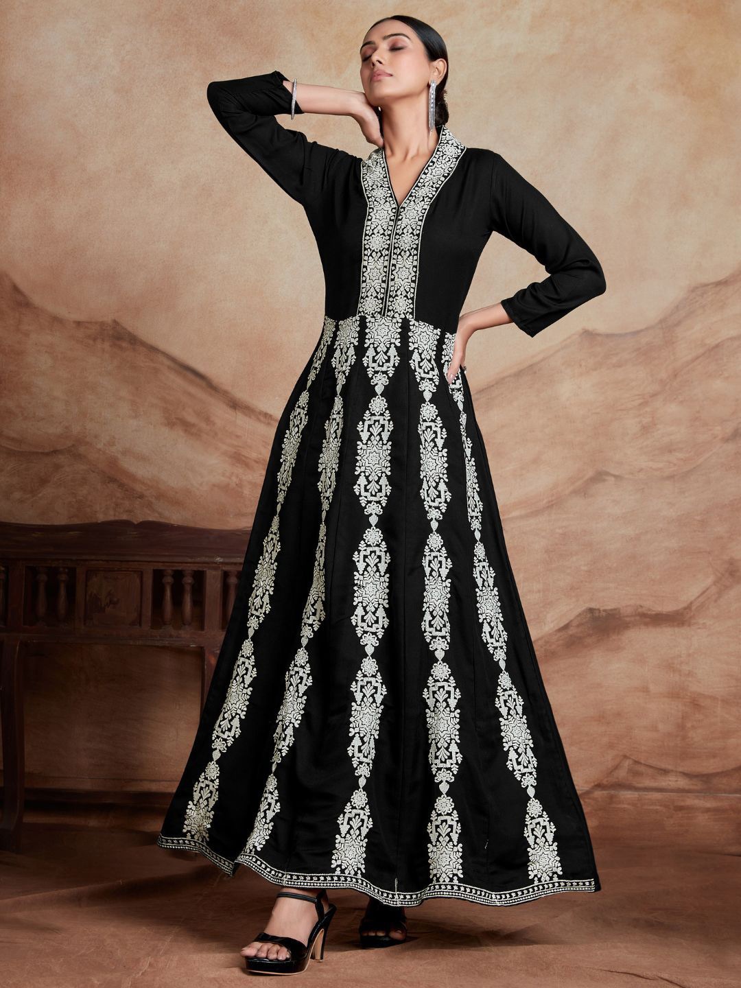 

KALINI Rayon Embroidery Work Anarkali Dress, Black