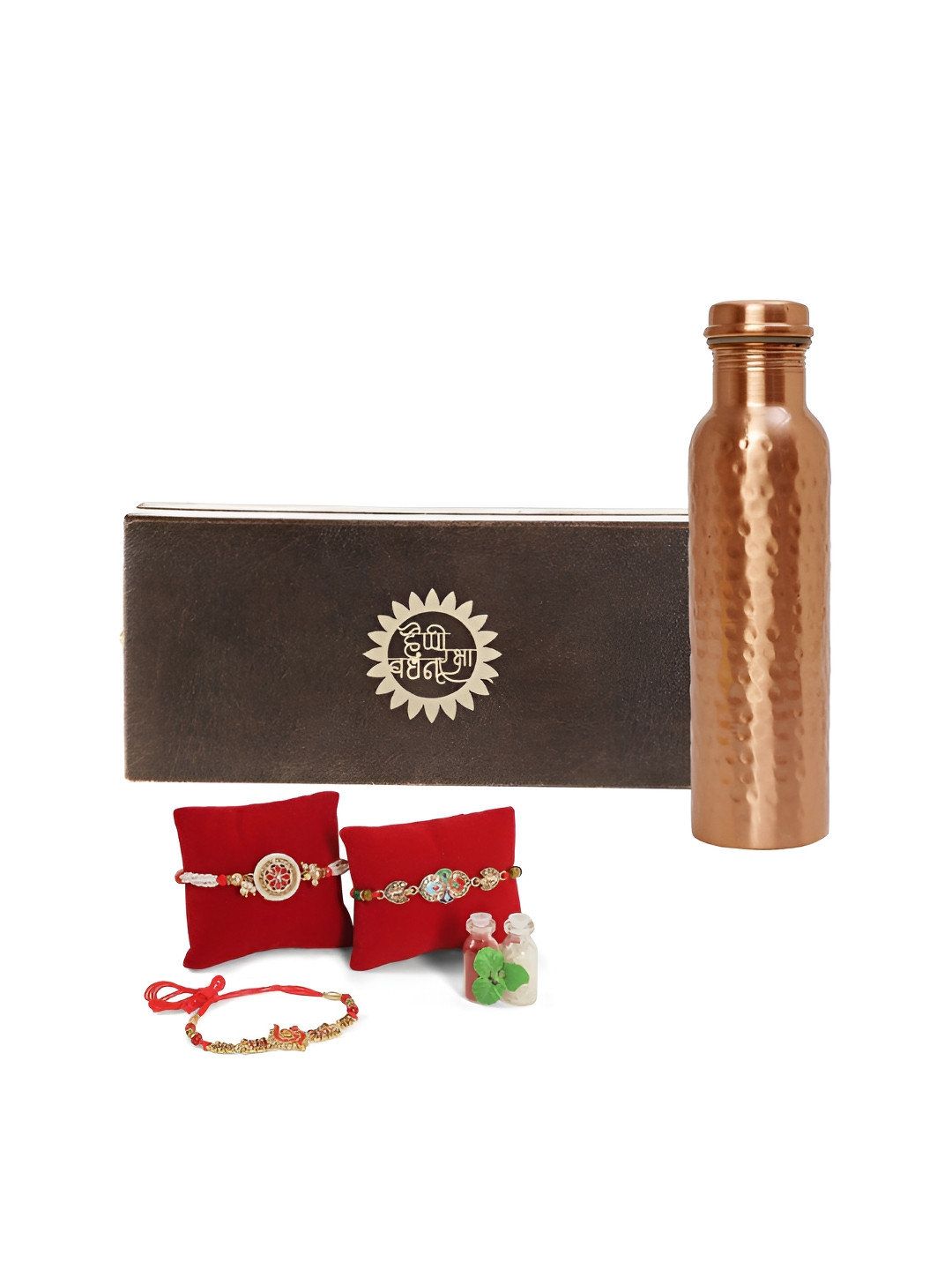 

INTERNATIONAL GIFT Set Of 3 Rakhis With Copper Water Bottle & Roli Chawal