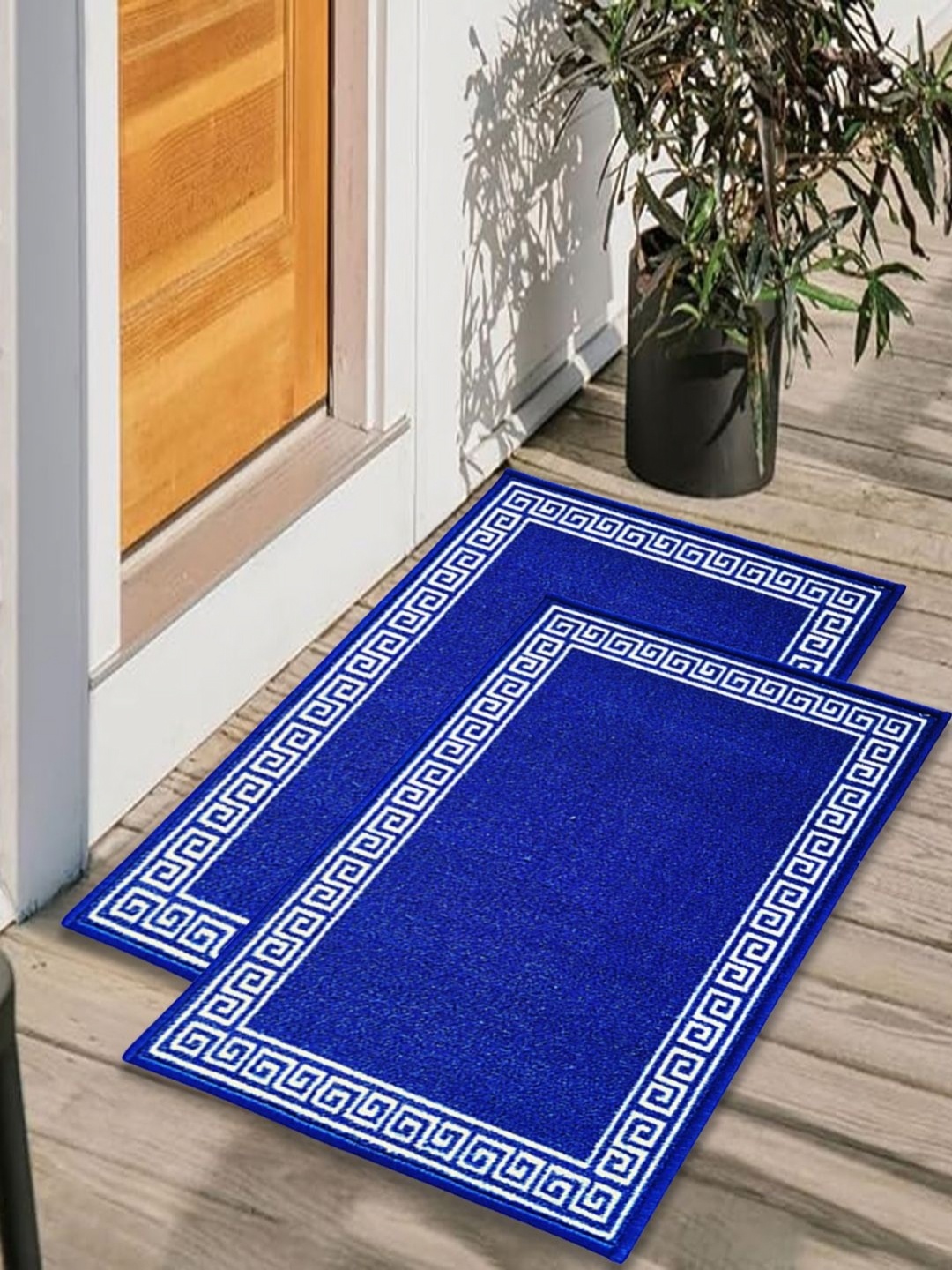 

Matz and More Bliue & White 2 Pieces Geometric Printed Rectangle Anti-Skid Doormats, Blue