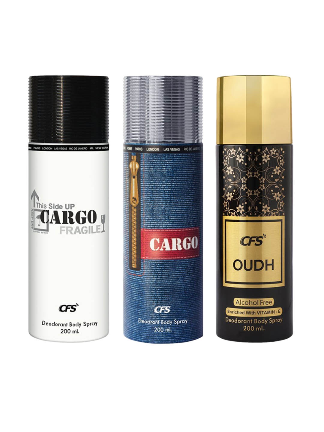 

CFS Cargo & Cargo Fragile Oudh Set Of 3 Last Longer Deodorants-200ml Each, Black