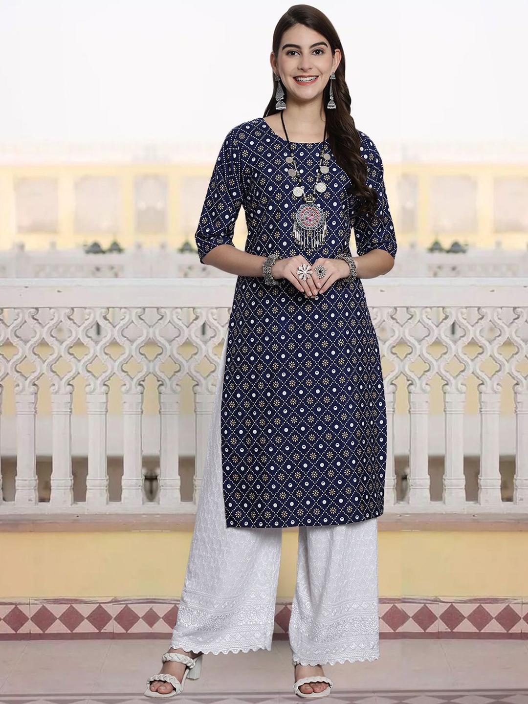 

KALINI Ethnic Motifs Printed Round Neck Crepe Straight Kurta, Navy blue