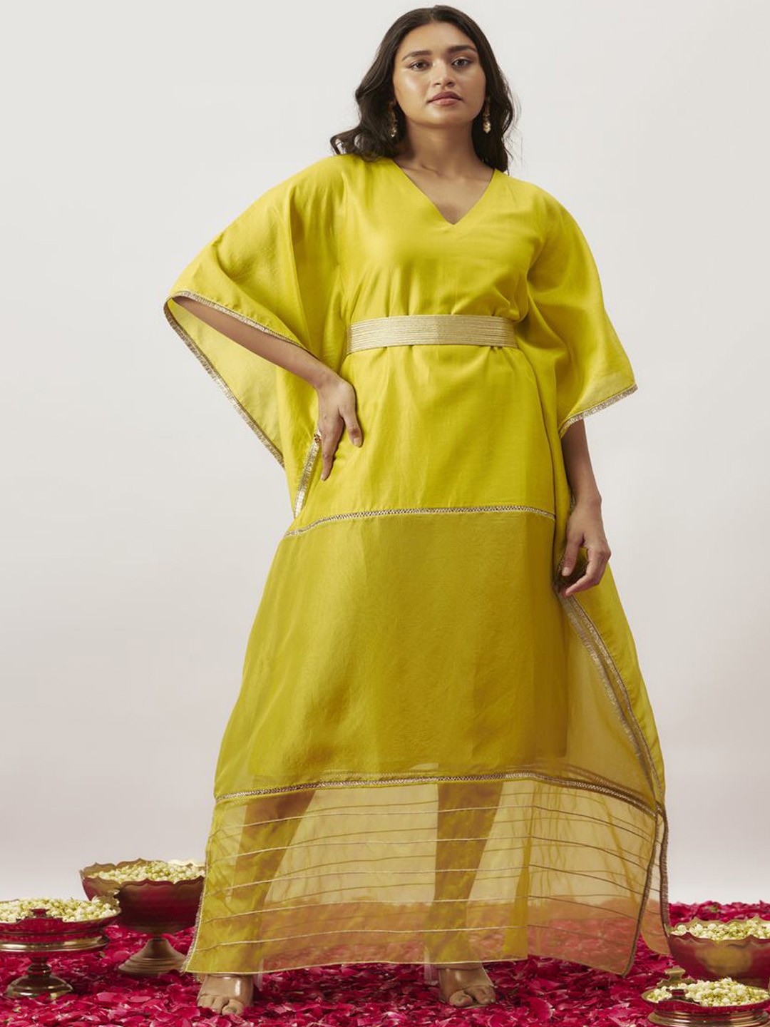 

The Aarya Solid Kaftan Maxi Ethnic Dress With Slip & Waist Belt, Lime green