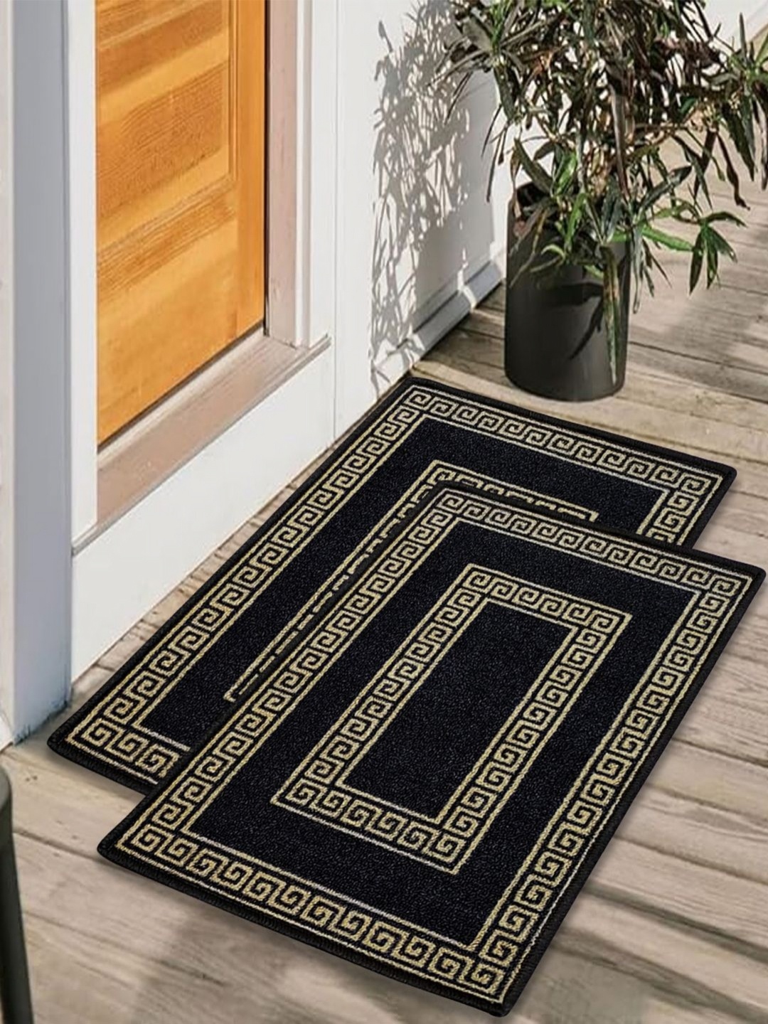 

Matz and More Yellow & Black 2 Pieces Geometric Printed Rectangle Anti-Skid Doormats