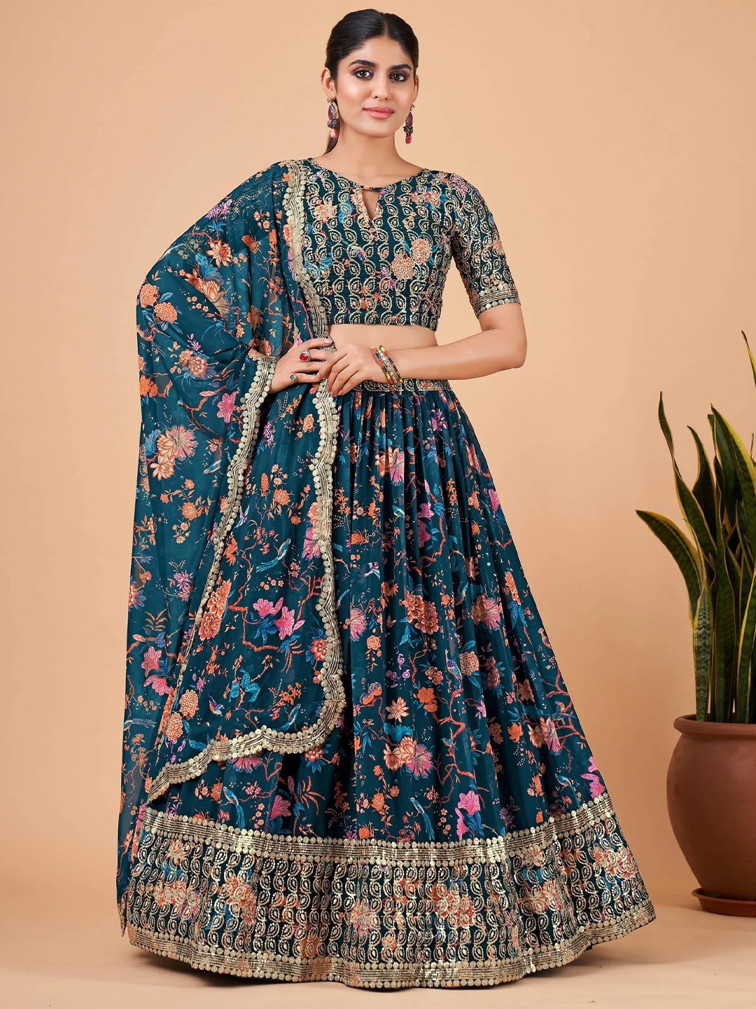 

Kaizen TEXO FAB Printed Semi-Stitched Lehenga & Unstitched Blouse With Dupatta, Blue