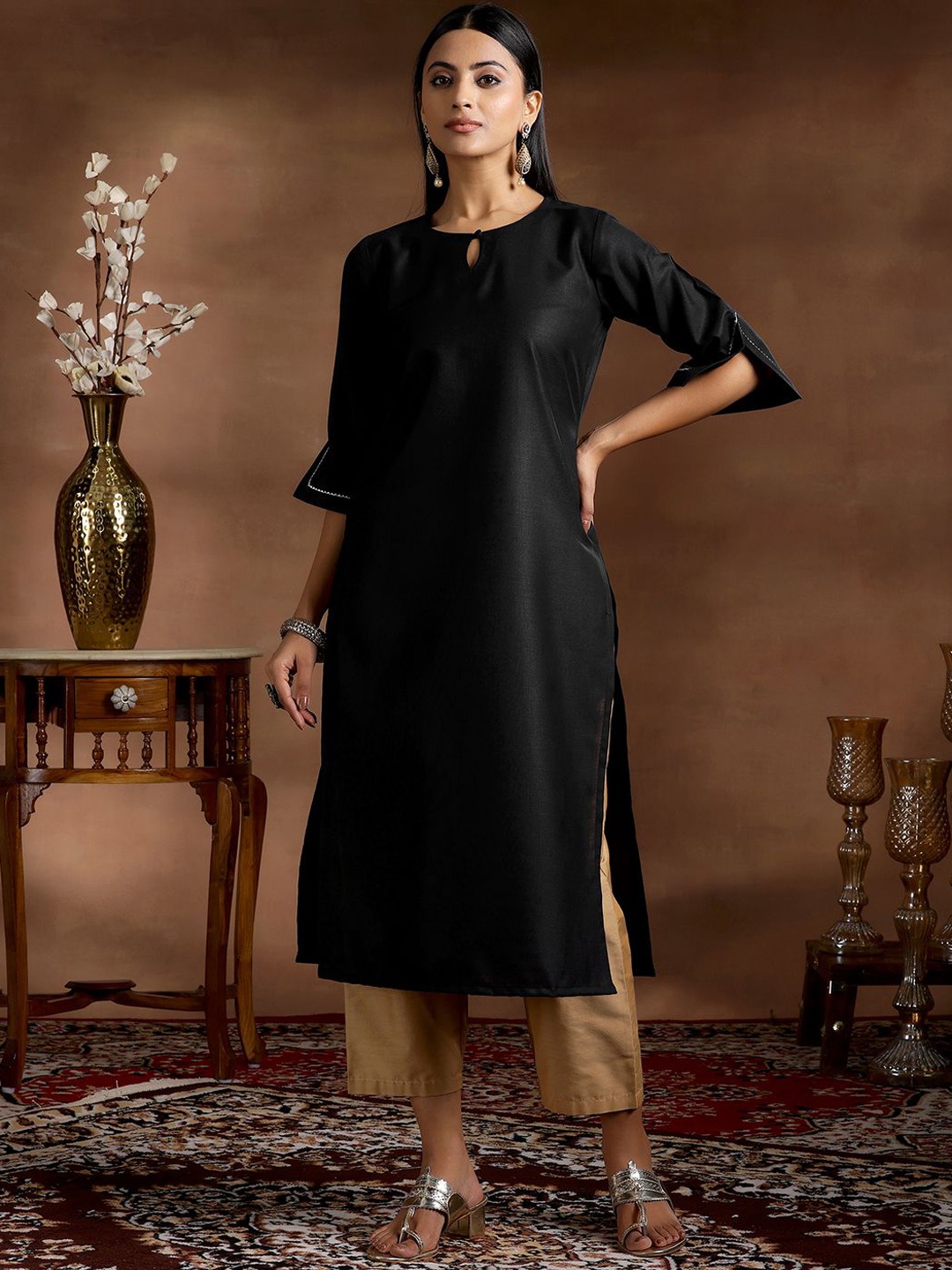 

Libas Round Neck A-Line Kurta, Black