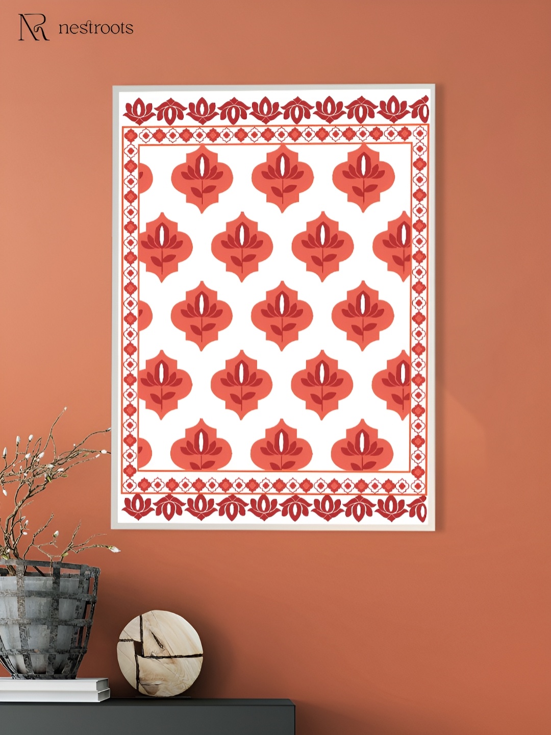 

nestroots White & Pink Mughal Bazaar Floral Wooden Painting Wall Art
