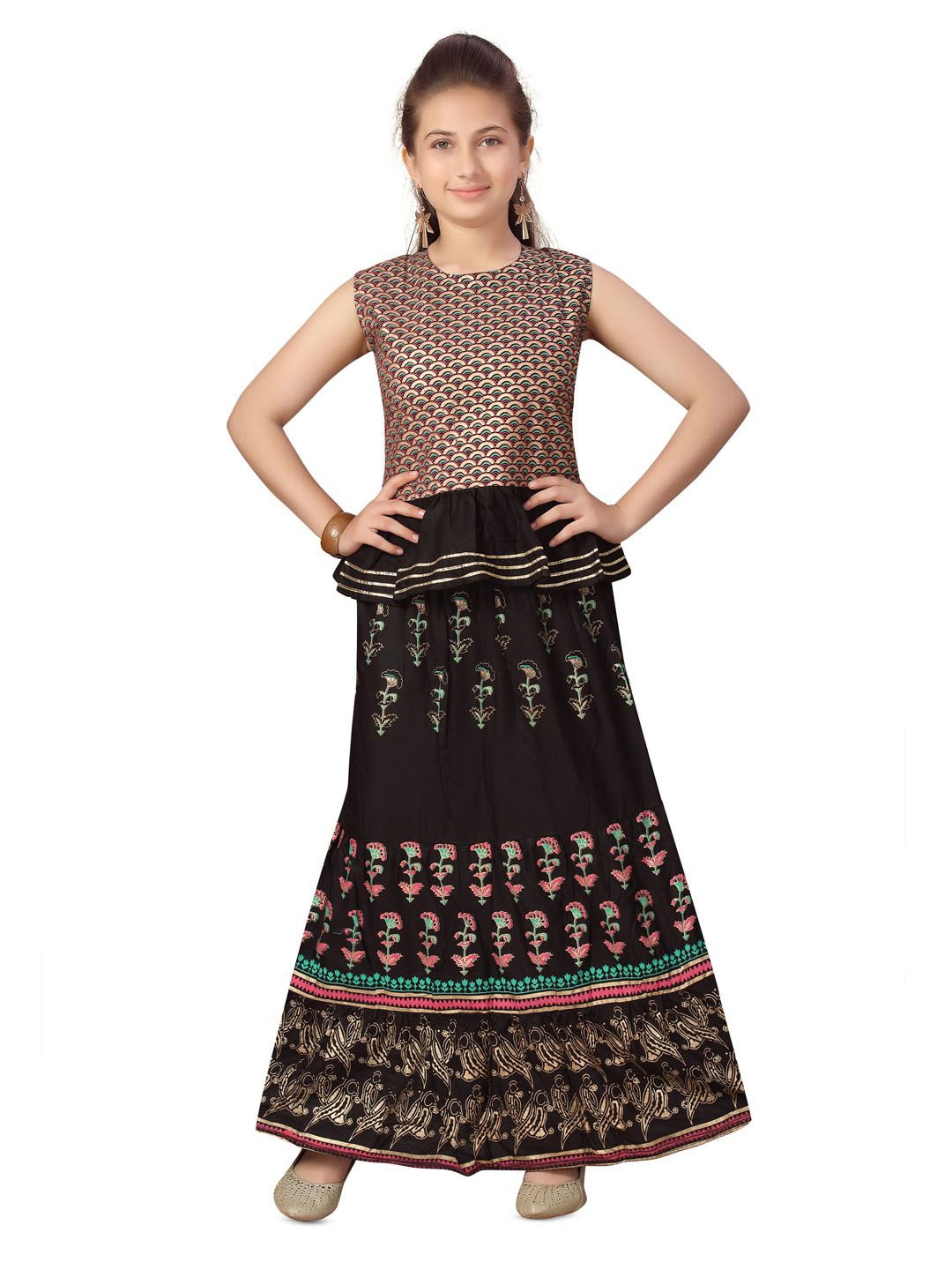 

BAESD Girls Printed Cotton Ready to Wear Lehenga With Choli, Black