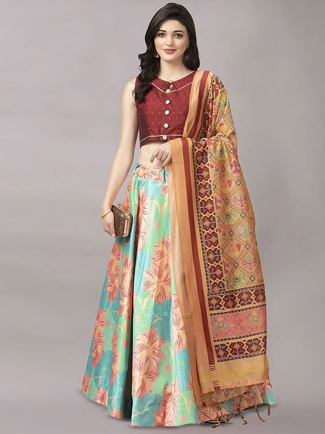 

Kaizen TEXO FAB Printed Satin Semi-Stitched Lehenga & Unstitched Blouse With Dupatta, Brown