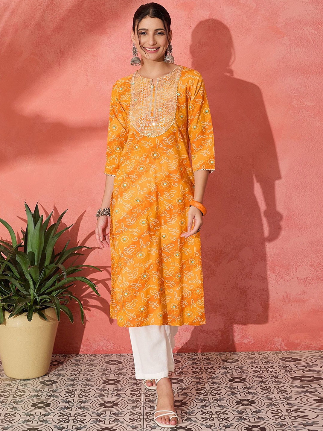 

InWeave Orange Bandhani Printed Notch Neck Thread Work Straight Kurta