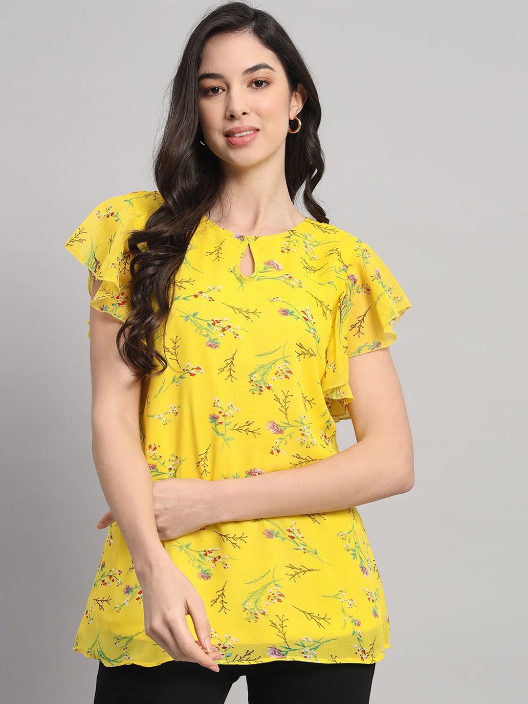 

Curvydrobe Women Floral Printed Key Hole Neck Top, Yellow