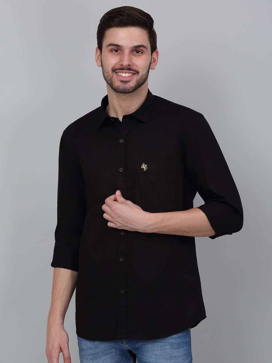 

Cantabil Men Spread Collar Solid Cotton Casual Shirt, Black