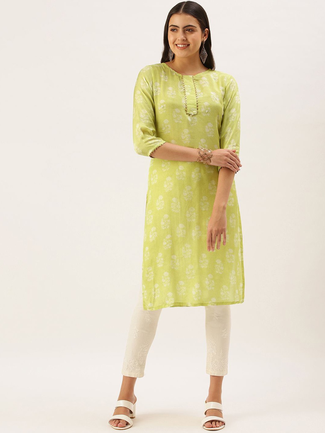 

KALINI Floral Printed Floral Straight Kurta, Green