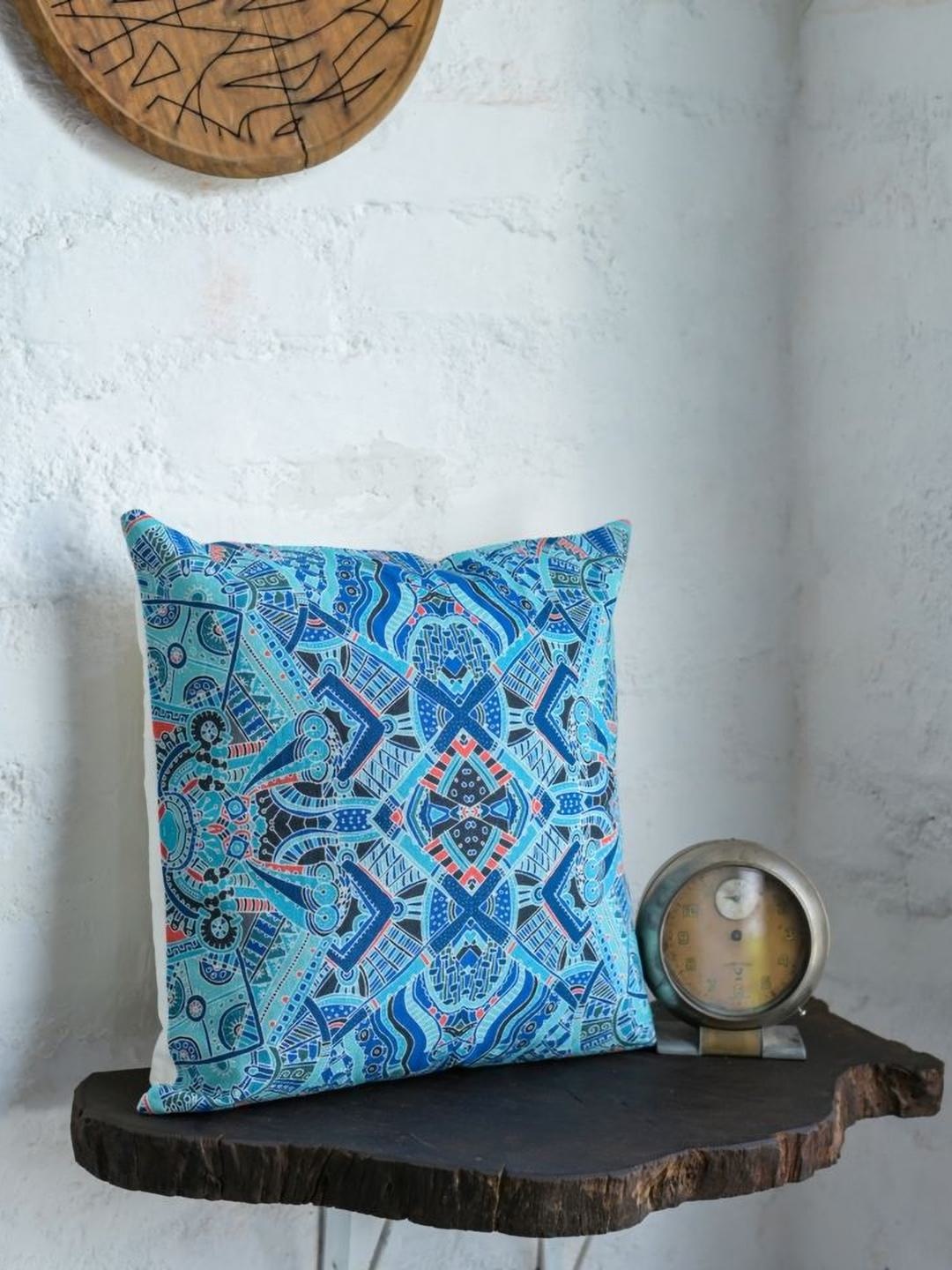 

ABSTRACT INDIA Turquoise Blue & Peach Ethnic Motifs Cotton Square Cushion Cover