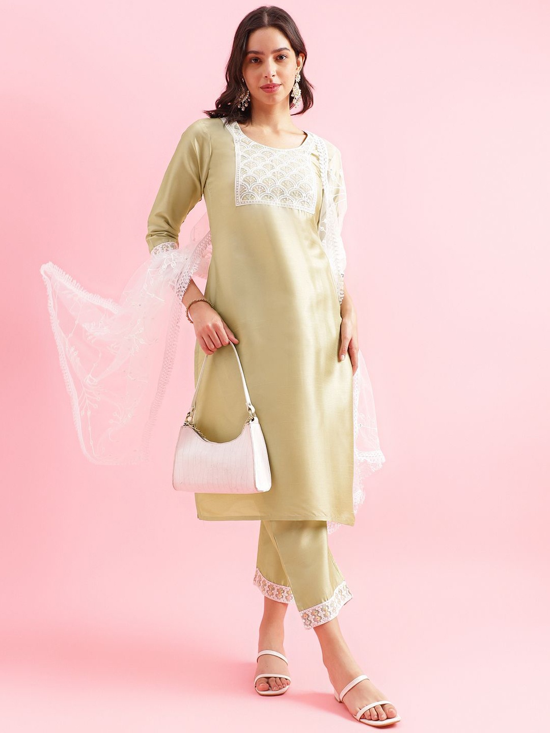 

KALINI Floral Yoke Design Straight Kurta with Trousers & Dupatta, Sea green