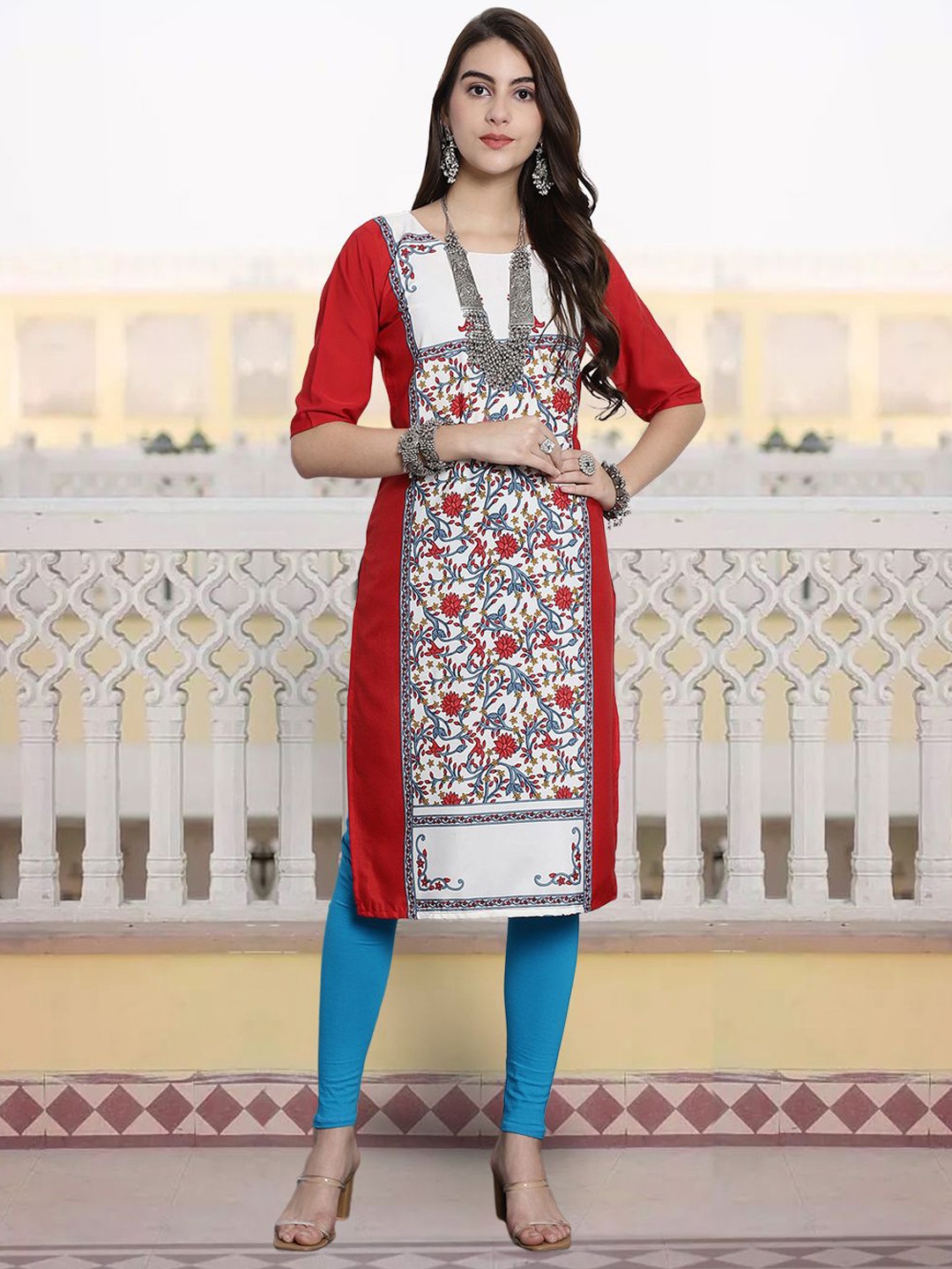 

7Threads Floral Printed Round Neck Straight Kurta, Red