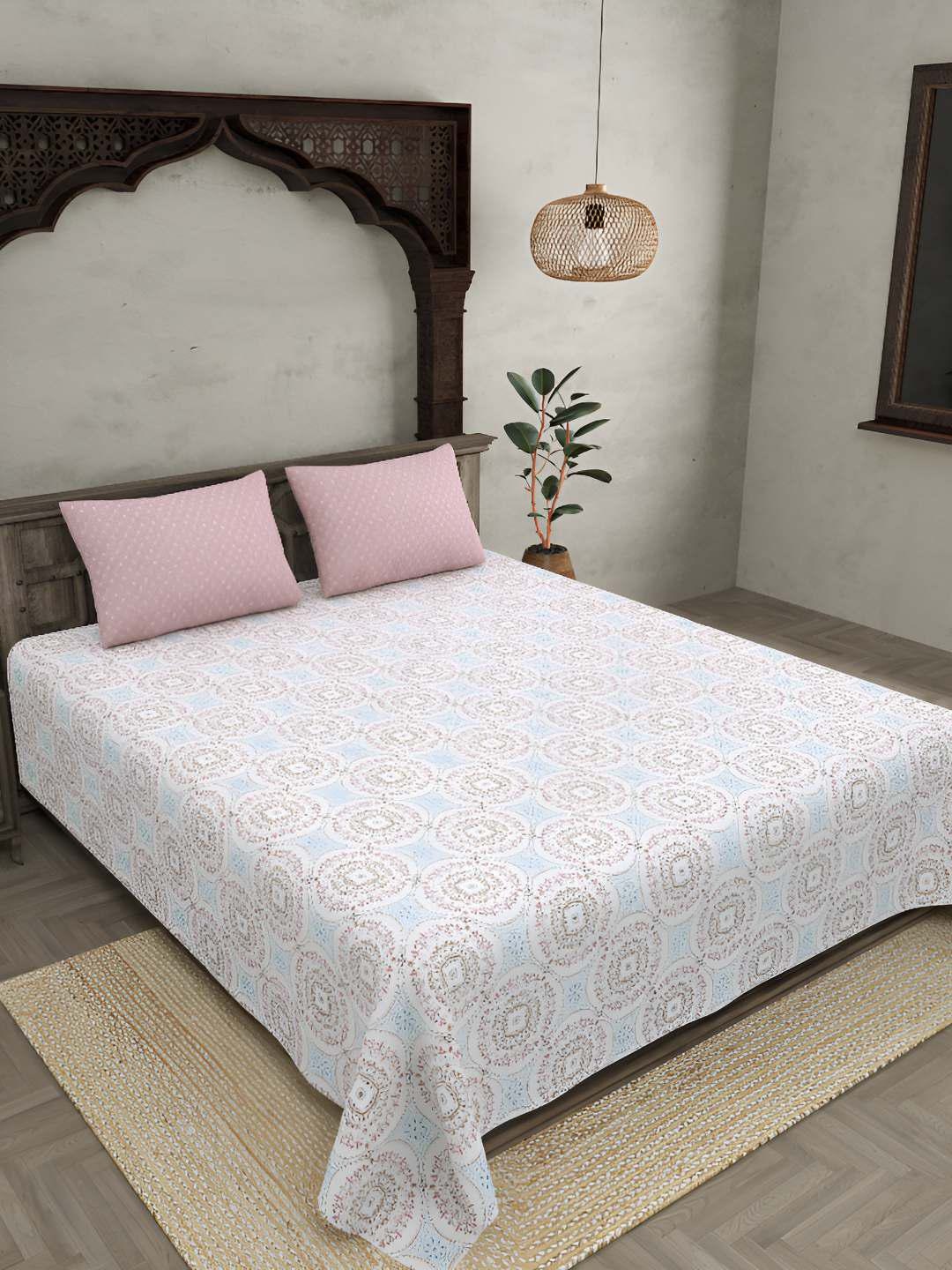 

BED-SHEET.COM Pink Ethnic Motifs 280 TC Pure Cotton King Bedsheet & 2 Pillow Covers