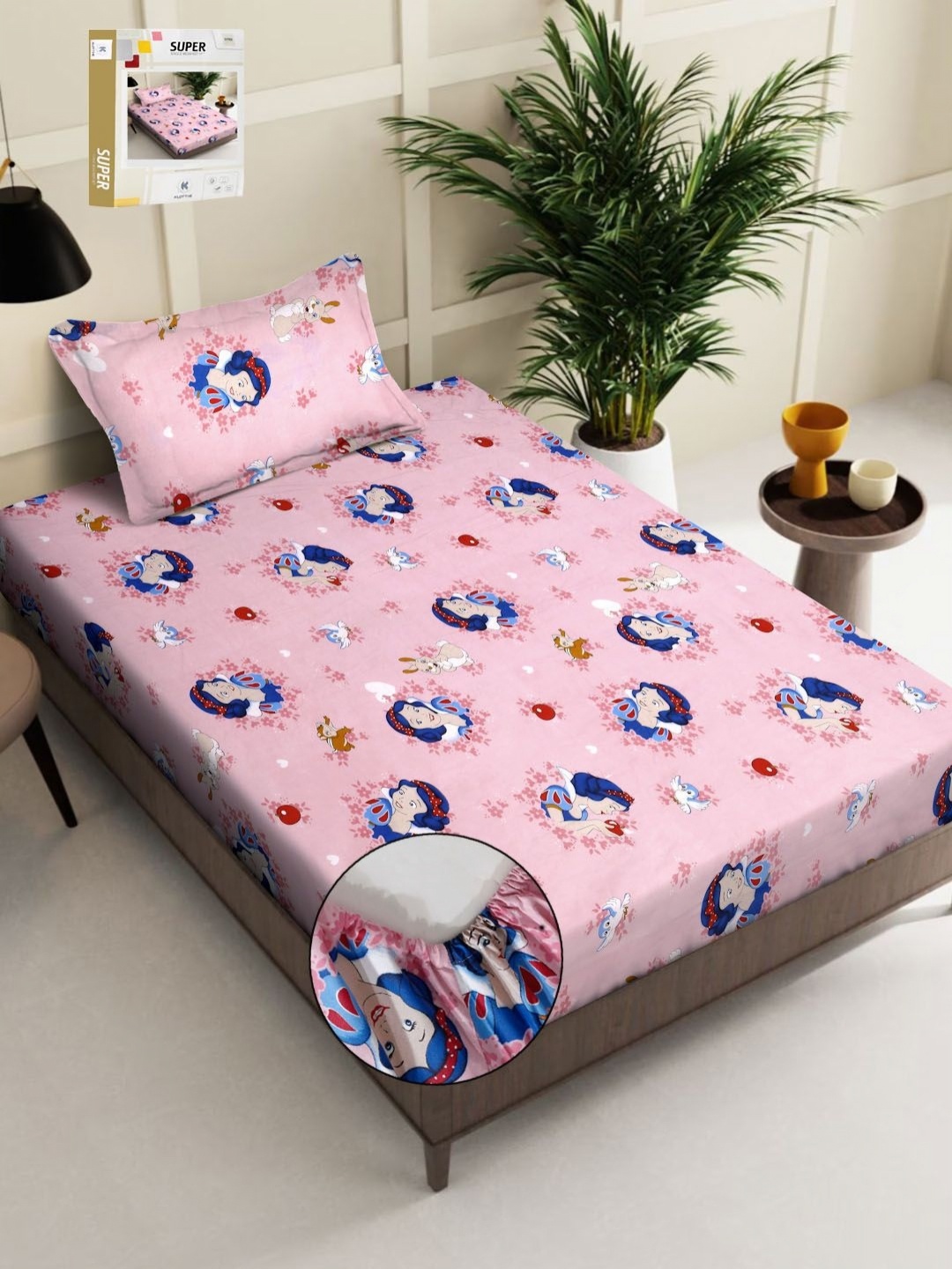 

KLOTTHE Blue & Pink Printed 400 TC Pure Cotton Fitted Single Bedsheet With 1 Pillow Covers