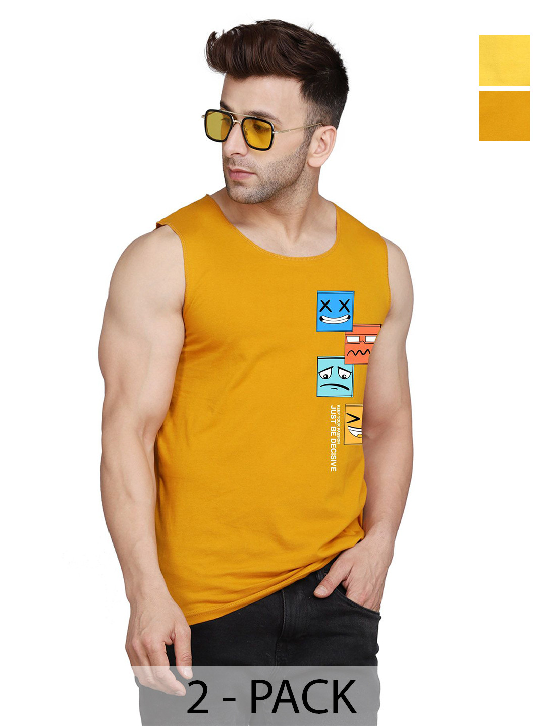 

SLOWLORIS Men Pack Of 2 Typography Printed Round Neck Cotton Slim Fit T-Shirts, Yellow