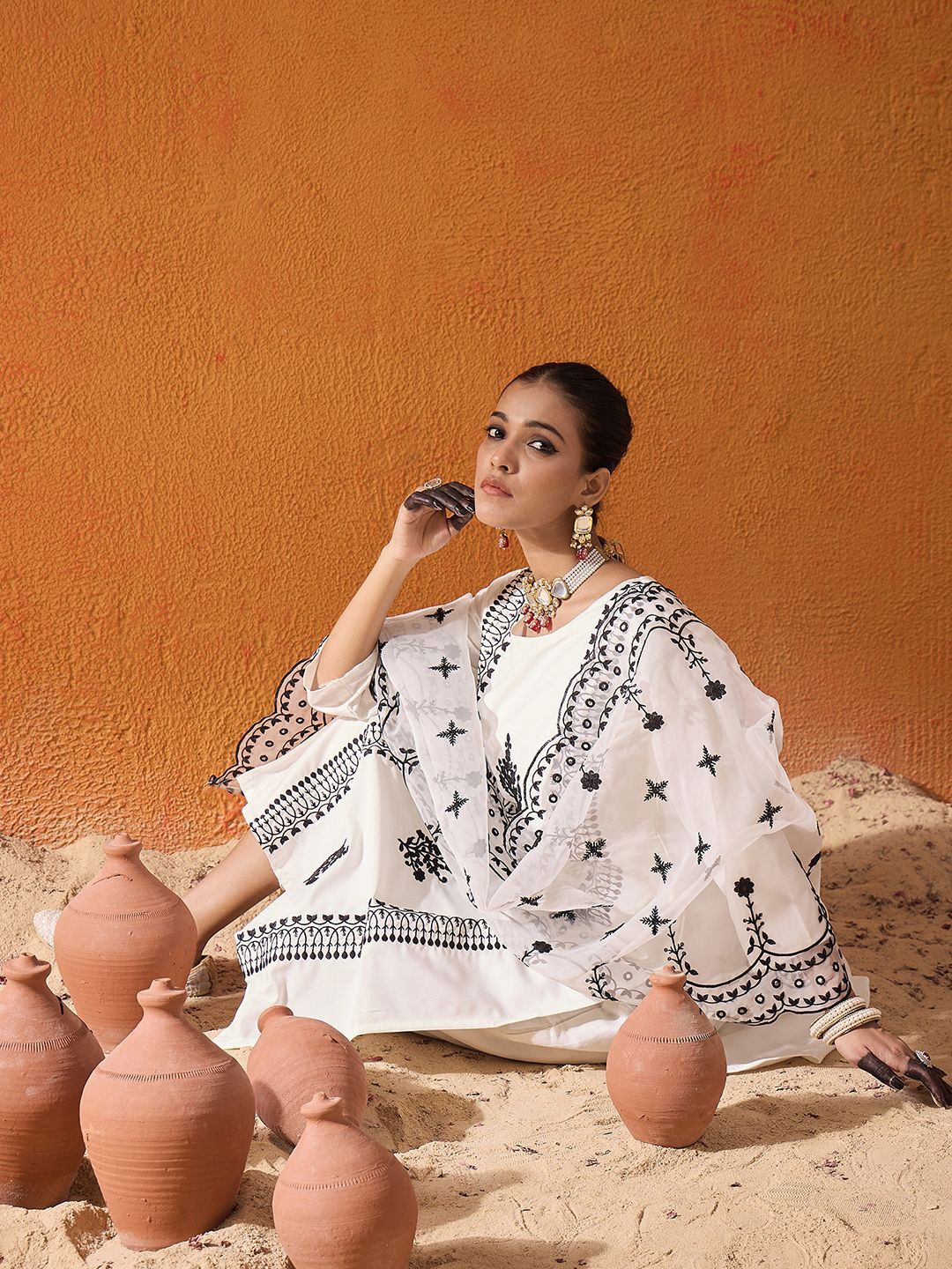 

Indo Era White Floral Embroidered Straight Kurta with Trousers & Dupatta