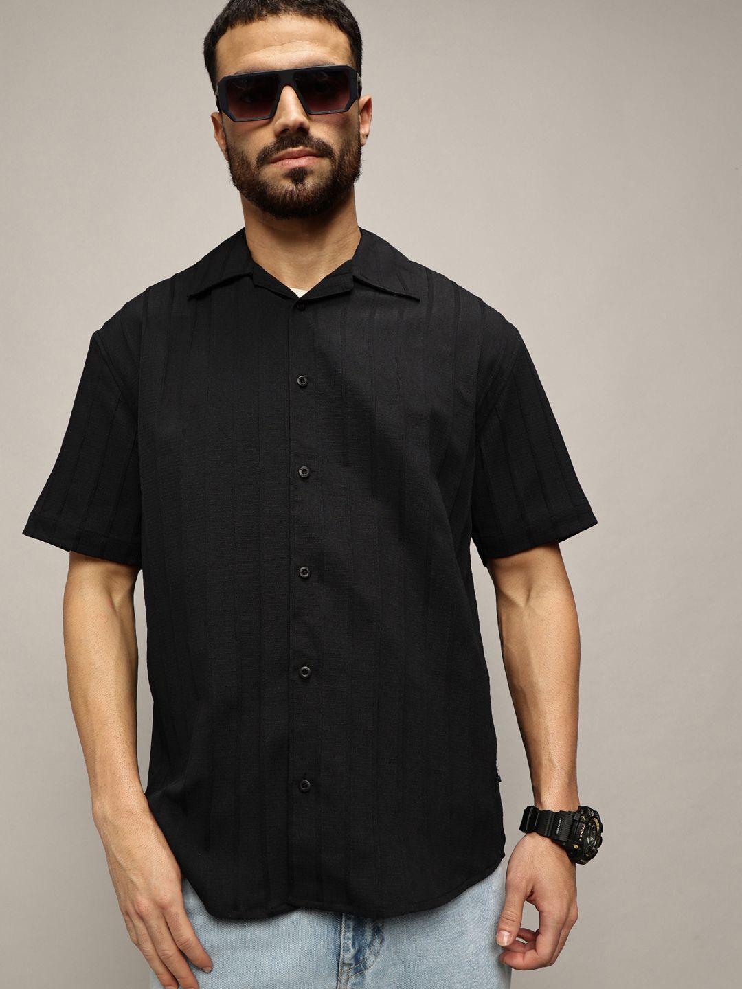 

The Lifestyle Co. Men Premium Cuban Collar Solid Cotton Oversized Casual Shirt, Black