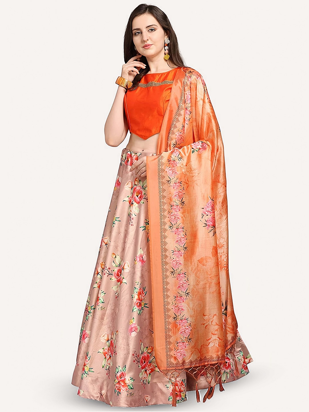 

Kaizen TEXO FAB Printed Semi-Stitched Lehenga & Unstitched Blouse With Dupatta, Peach