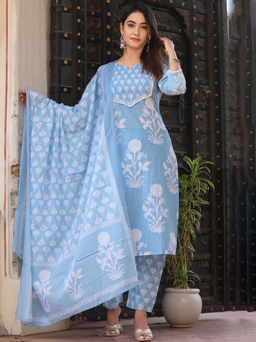 

KALINI Floral Printed Notch Neck Pure Cotton Straight Kurta With Trousers & Dupatta, Blue