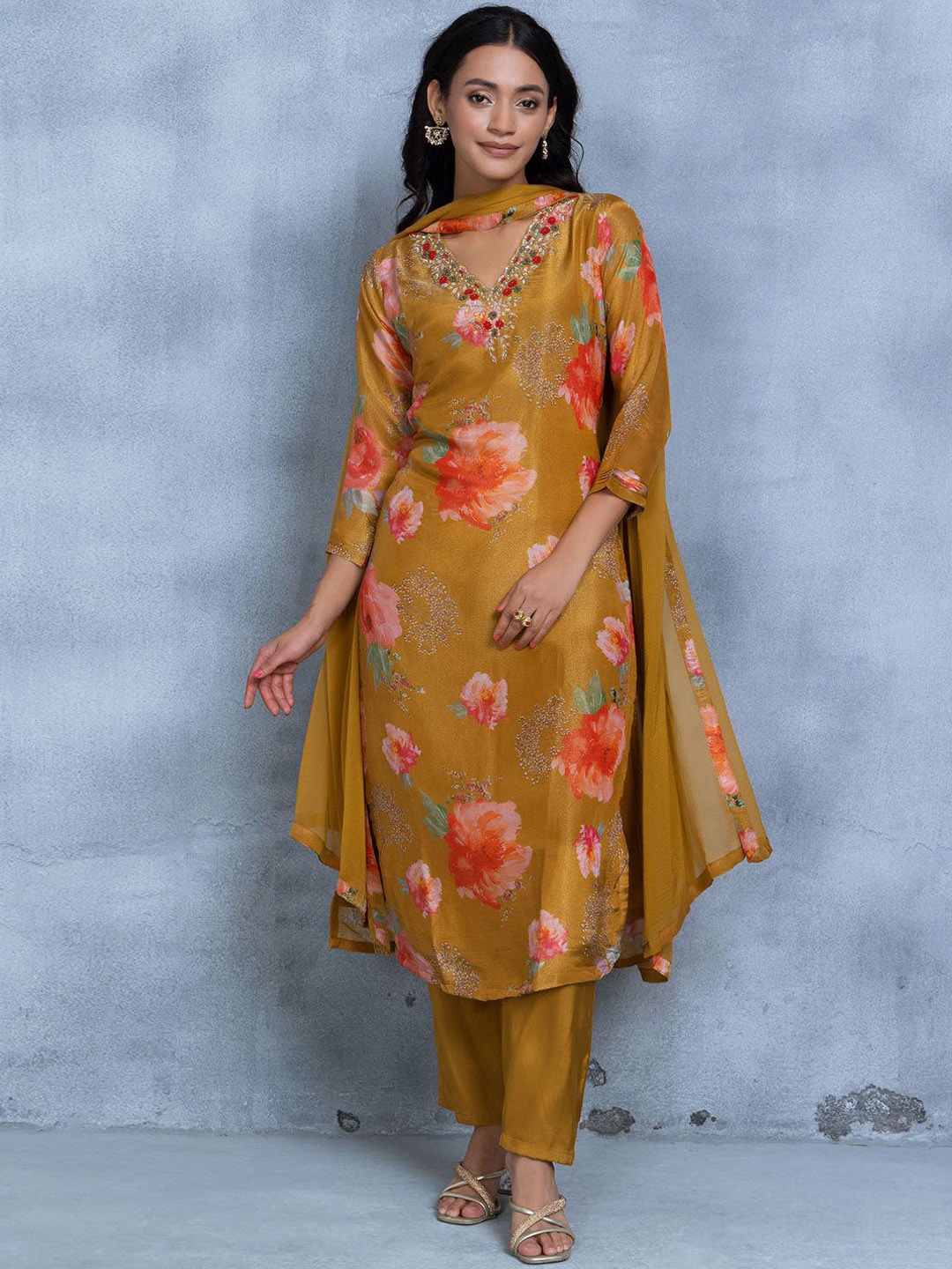 

Rang by Indya Women Floral Printed Regular Kurta with Trousers & With Dupatta, Yellow