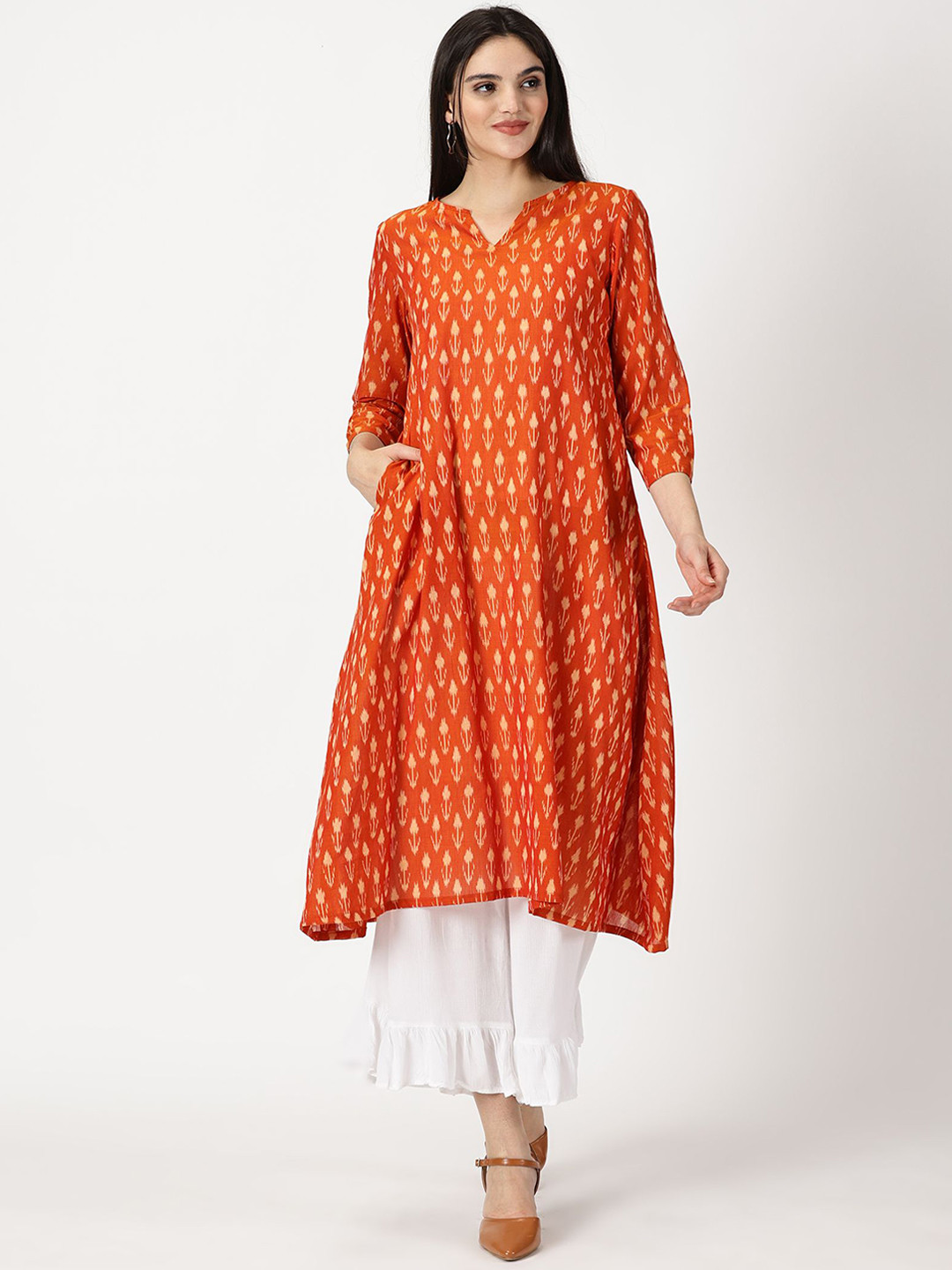 

Weaves of Tradition Pochampally Ikat Printed Cotton A-Line Kurta, Orange