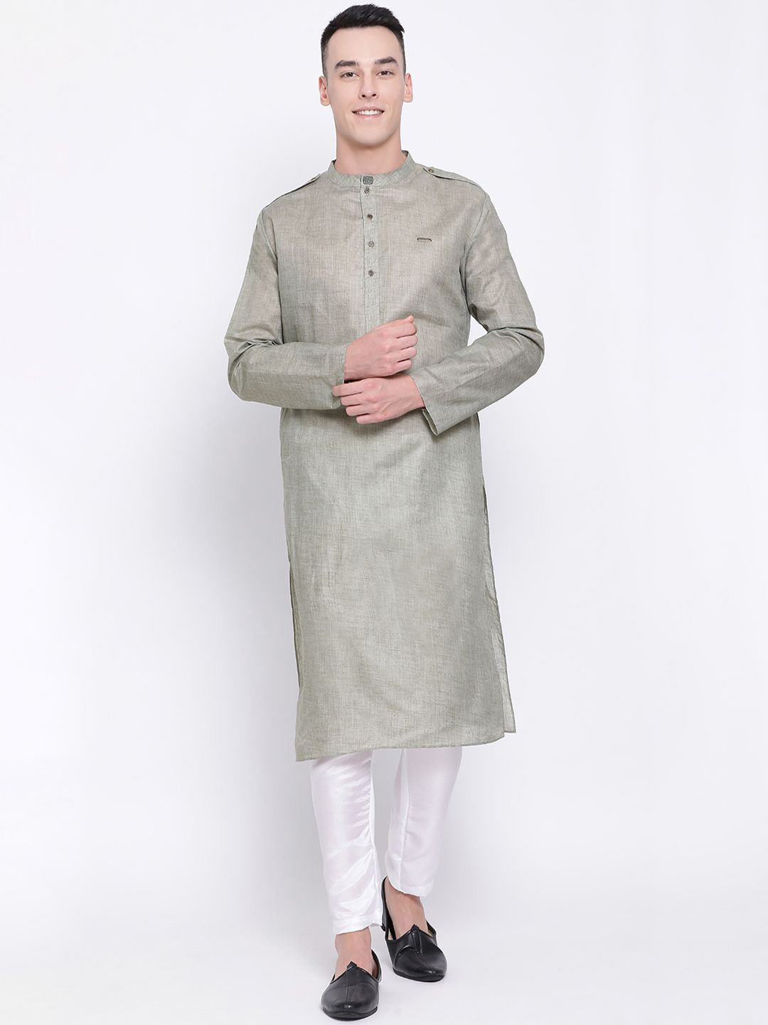 

DEVOILER Band Collar Cotton Straight Kurta, Olive