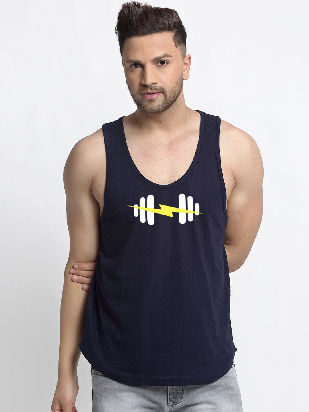 

Friskers Men Printed Round Neck Gym Vests, Navy blue